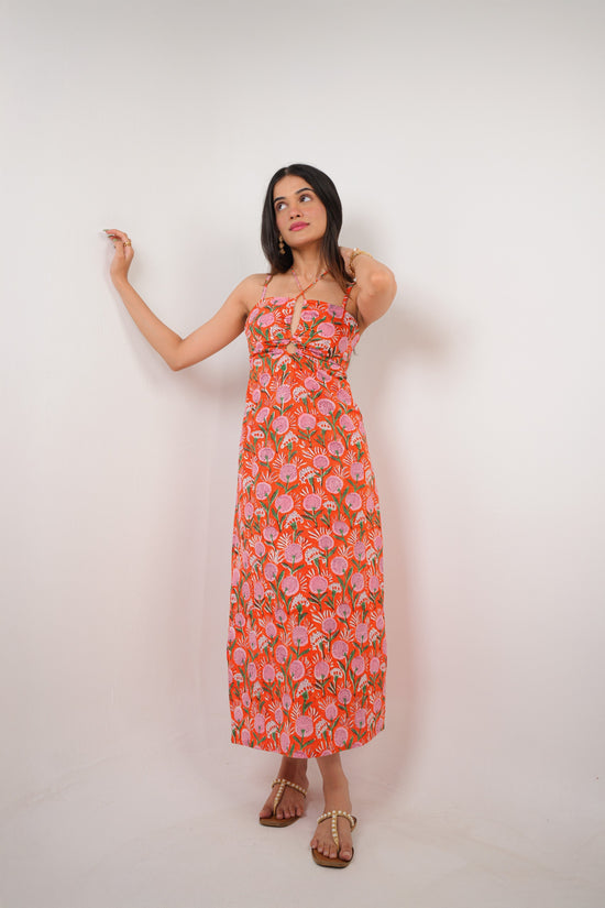 Orange & Pink Floral Hand Block Print A-Line Maxi Dress Spring Summer - 25