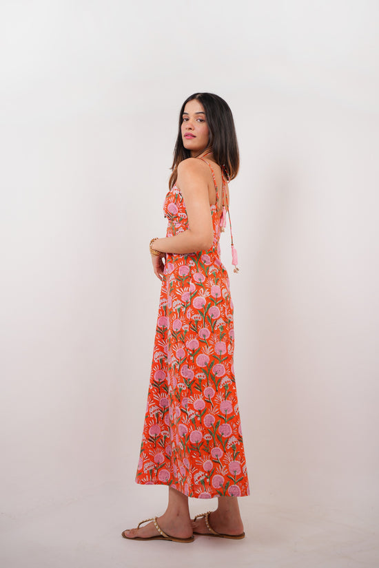 Orange & Pink Floral Hand Block Print A-Line Maxi Dress Spring Summer - 25
