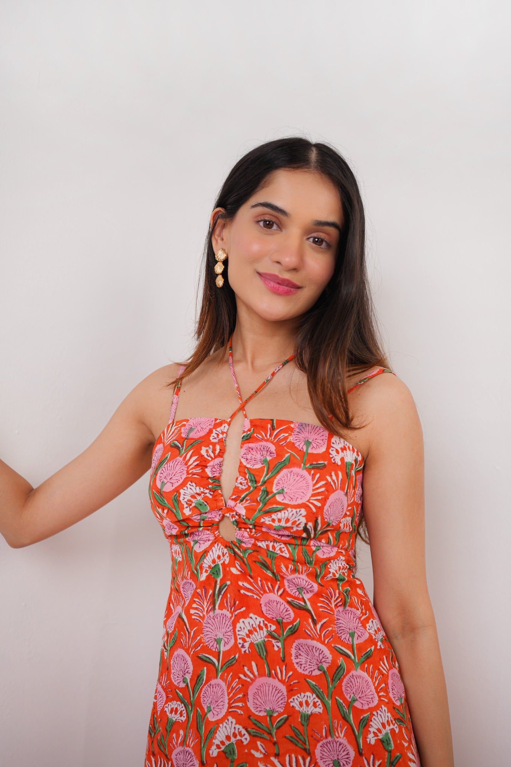 Orange & Pink Floral Hand Block Print A-Line Maxi Dress