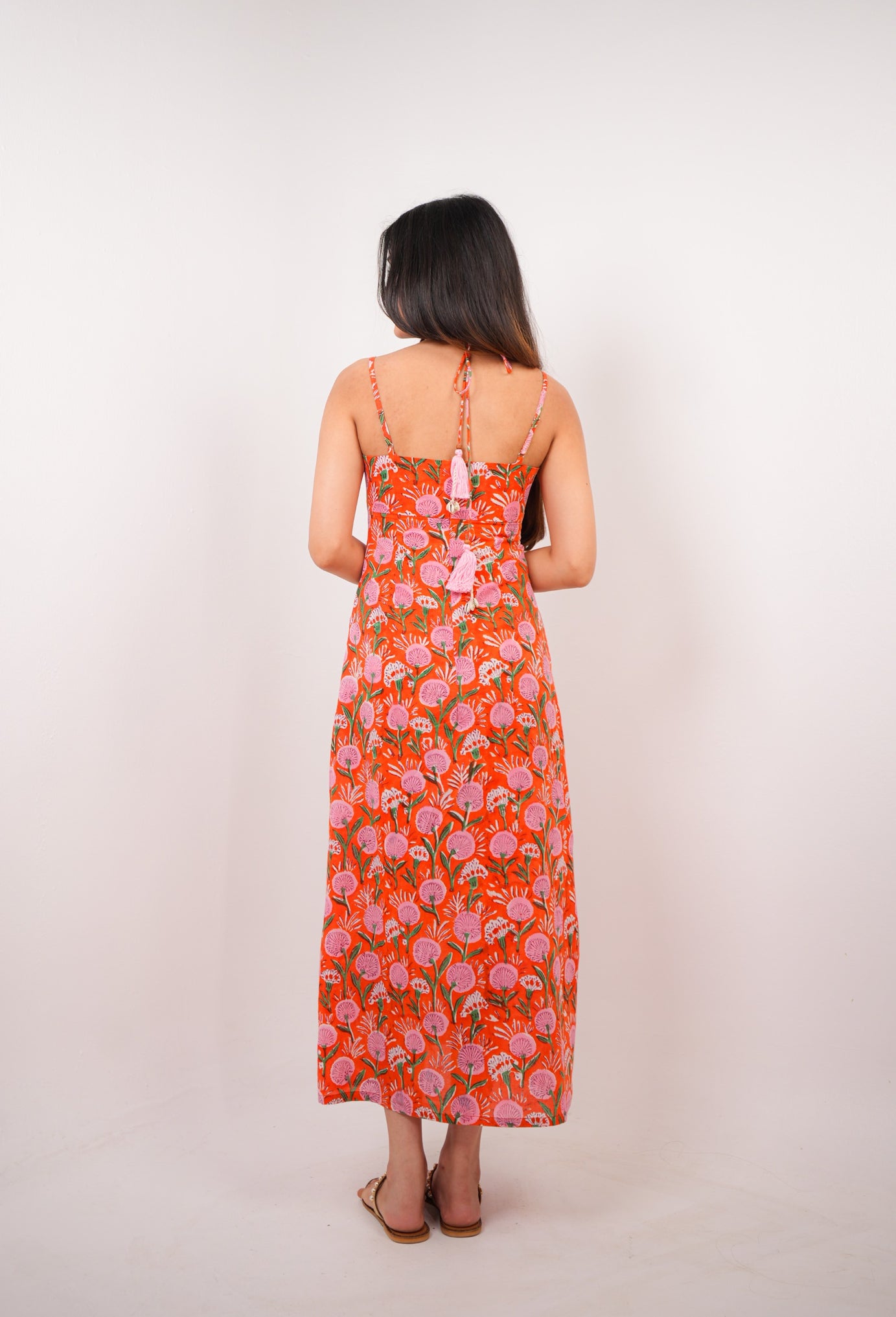 Orange & Pink Floral Hand Block Print A-Line Maxi Dress