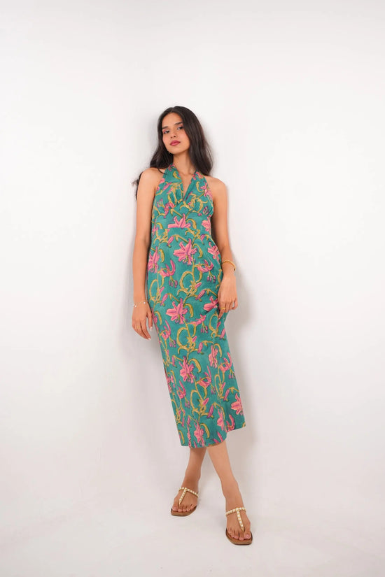 Green Halter Neck Tie-Up A-Line Maxi Dress with Back Slit - AMARAA Green Halter Neck Tie-Up A-Line Maxi Dress with Back Slit - AMARAA