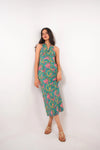 Green Floral Halter Neck A-Line Cotton Maxi Dress