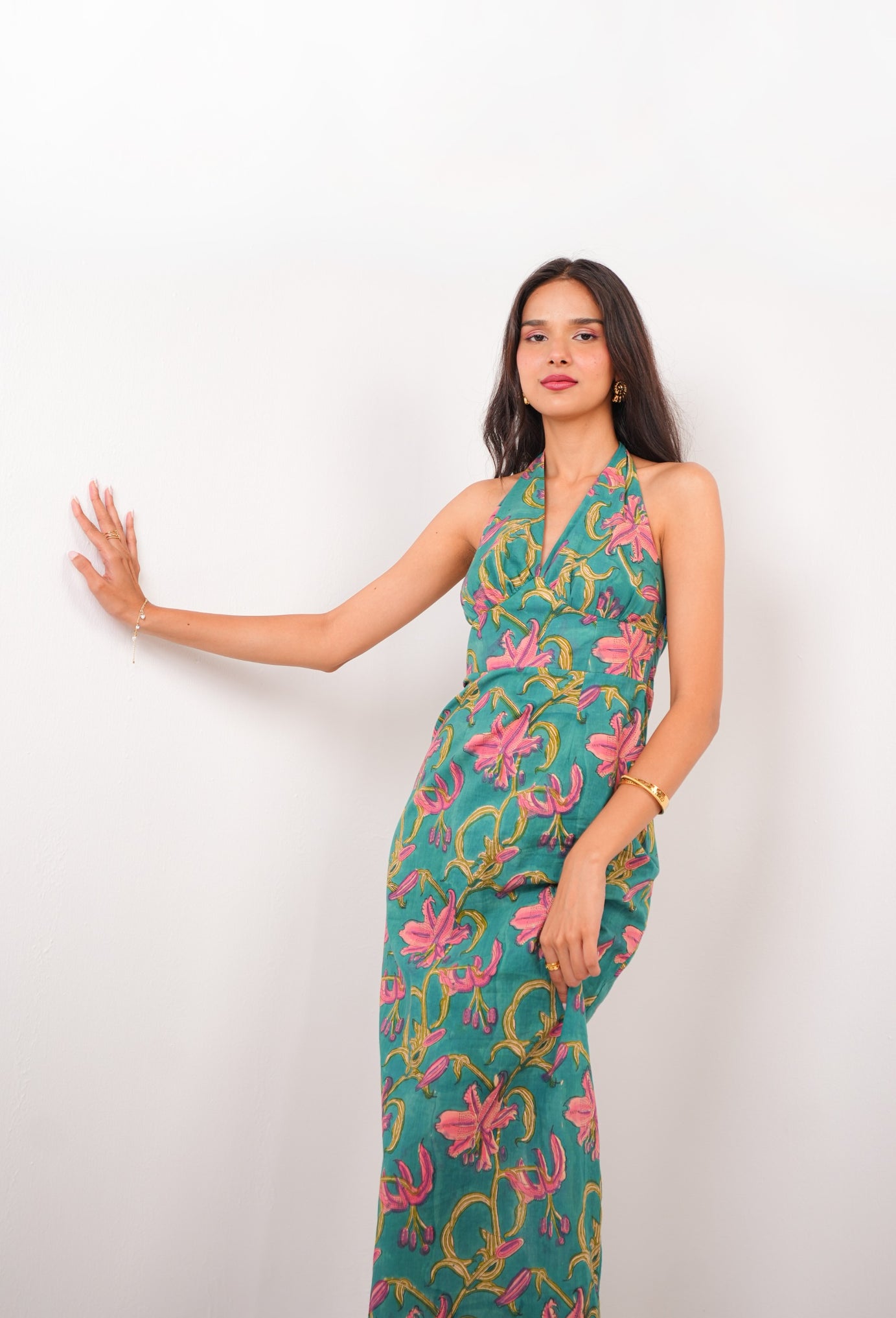 Green Halter Neck Tie-Up A-Line Dress