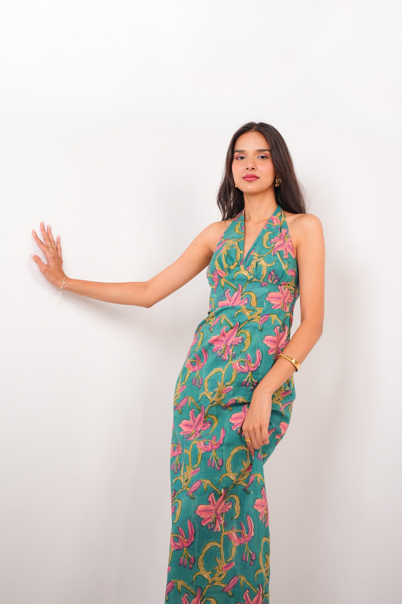 Green Halter Neck Tie-Up A-Line Dress