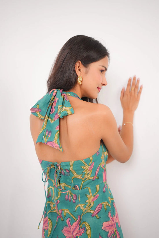 Green Halter Neck Tie-Up A-Line Maxi Dress with Back Slit - AMARAA Green Halter Neck Tie-Up A-Line Maxi Dress with Back Slit - AMARAA