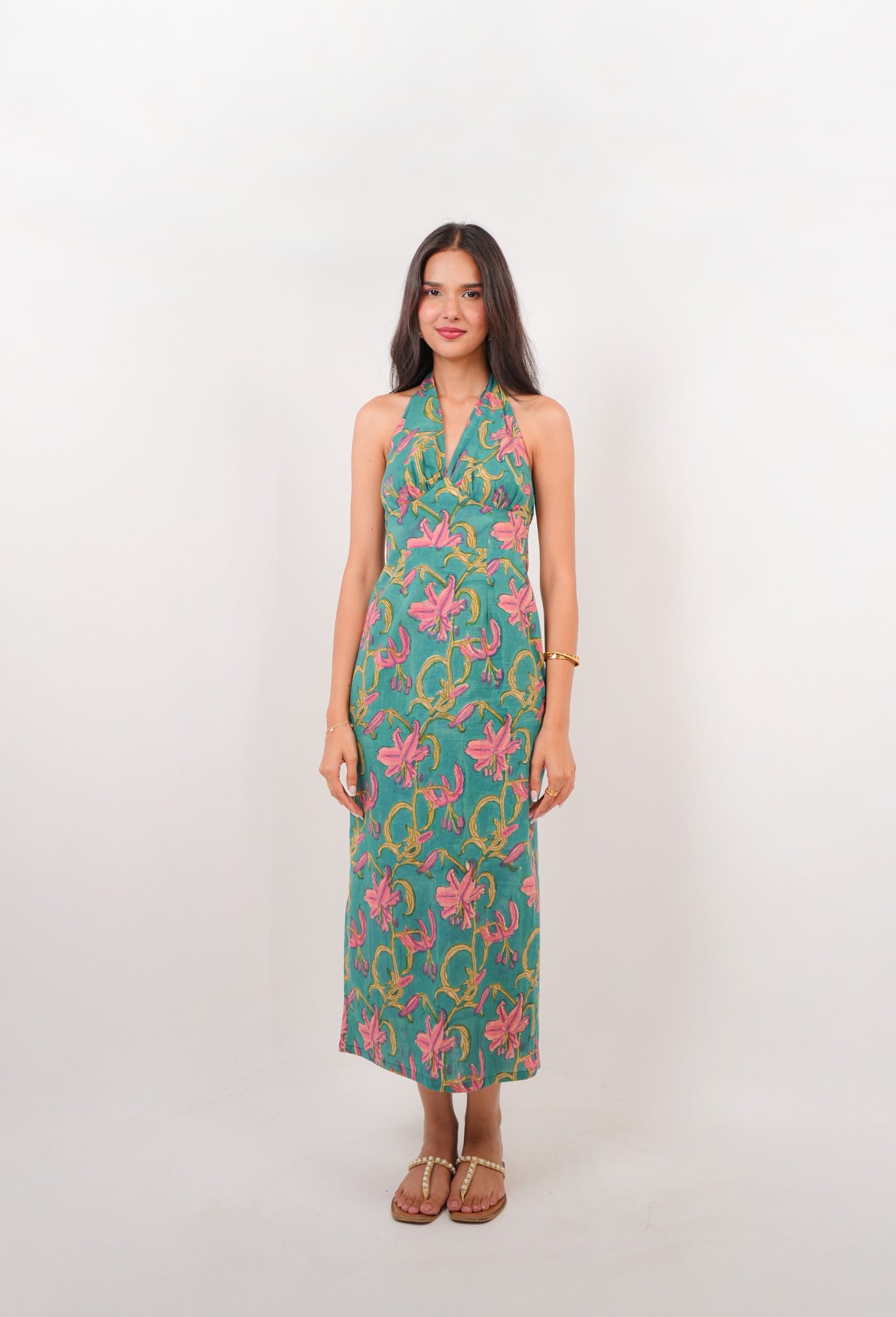 Green Halter Neck Tie-Up A-Line Dress