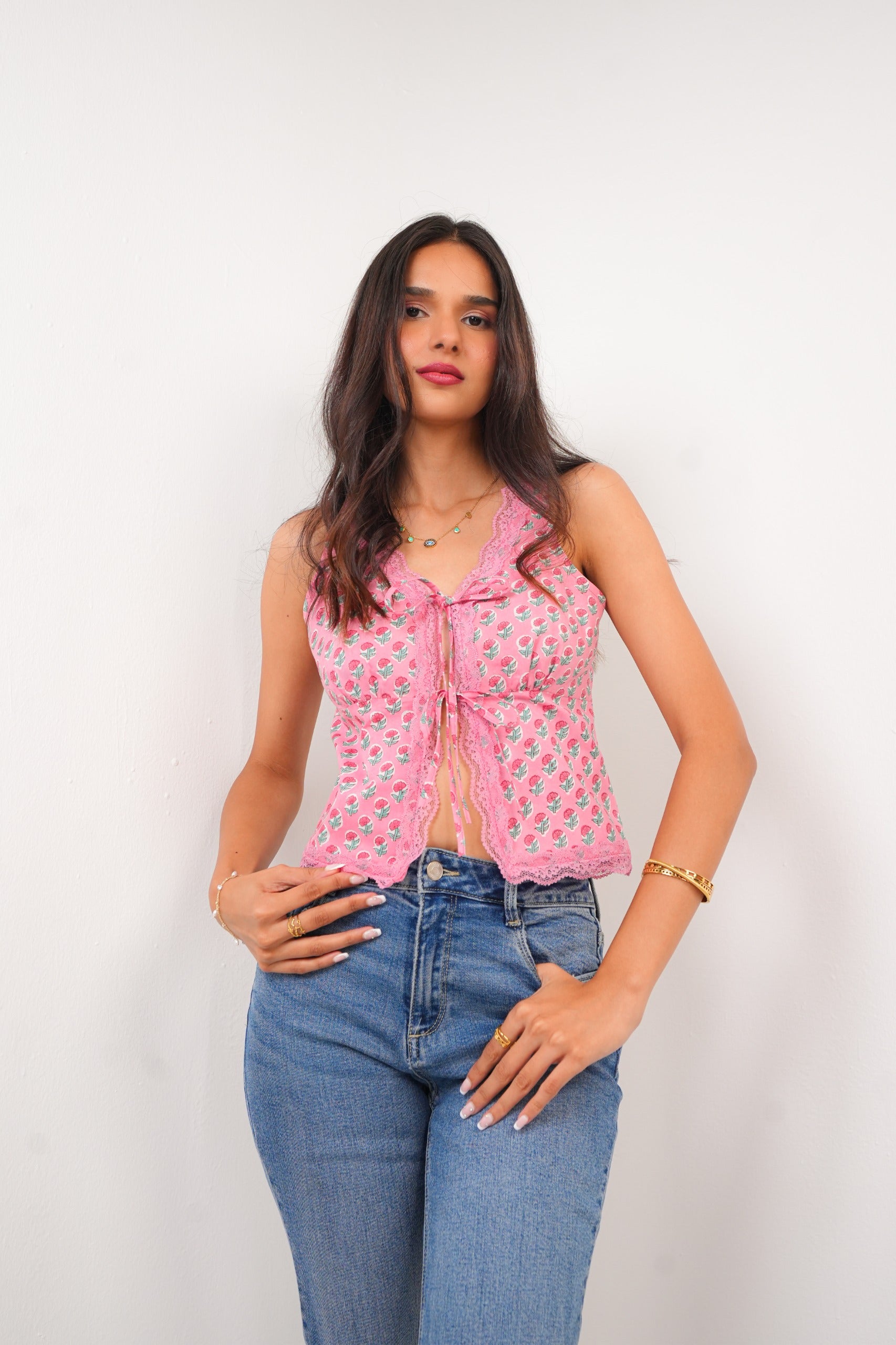 Rosy Cotton Top with Lace and Front Tie-up Spring Summer - 25