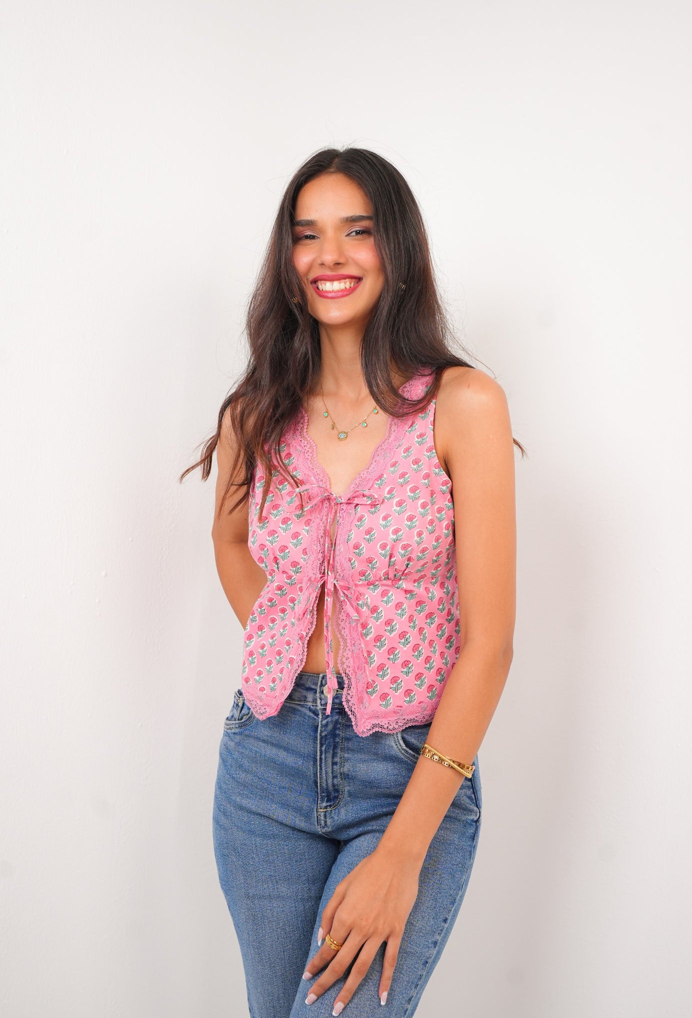 Rosy Cotton Top with Lace and Front Tie-up