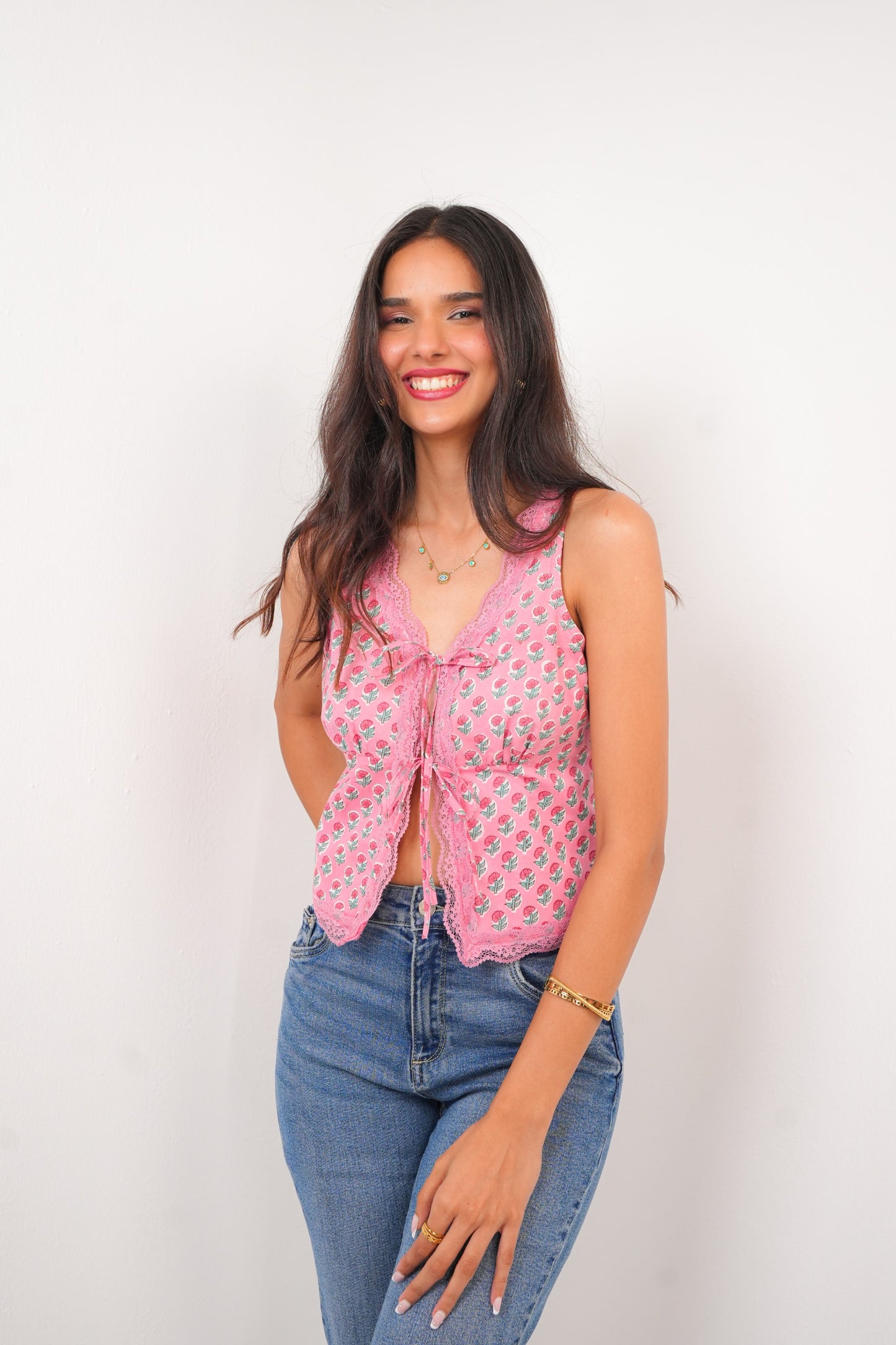 Rosy Cotton Top with Lace and Front Tie-up Spring Summer - 25