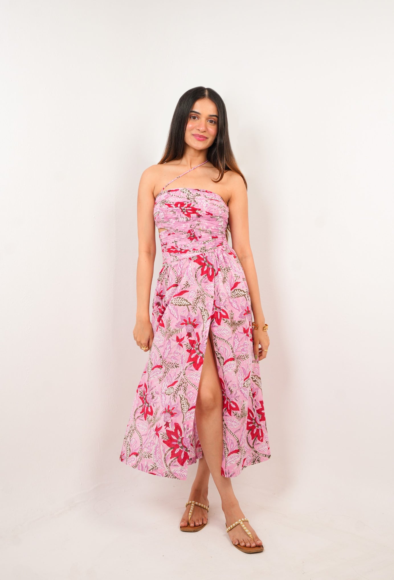 Striking Pink & Red Floral Open Back Summer Dress