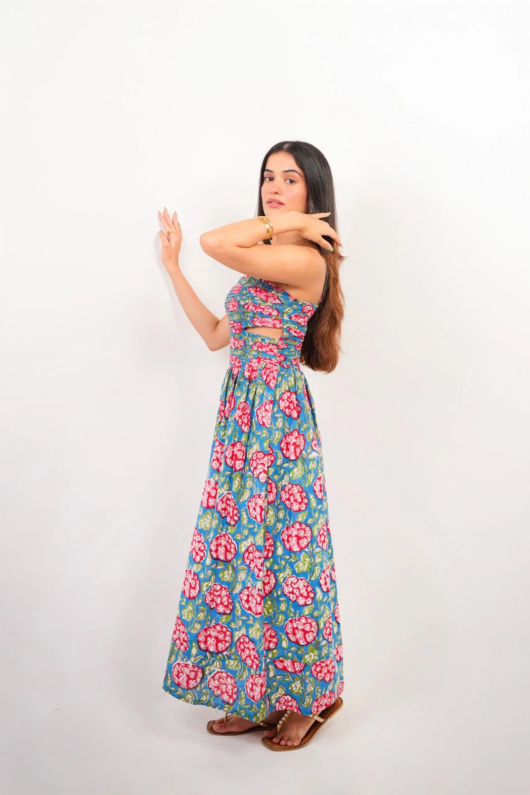 Blue & Red Floral Statement Cut-Out Maxi Dress with Adjustable straps Spring Summer - 25