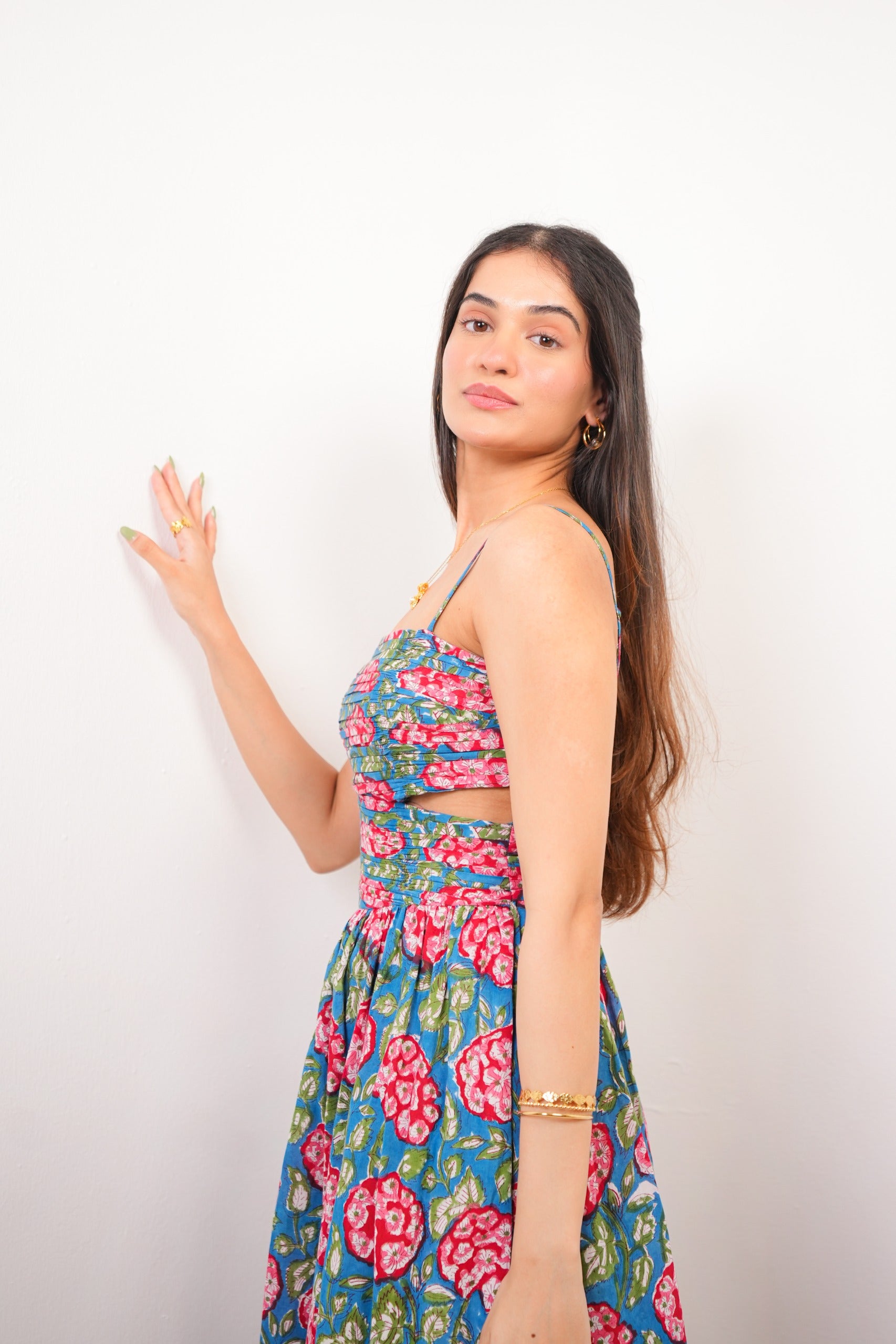 Blue & Red Floral Statement Cut-Out Maxi Dress