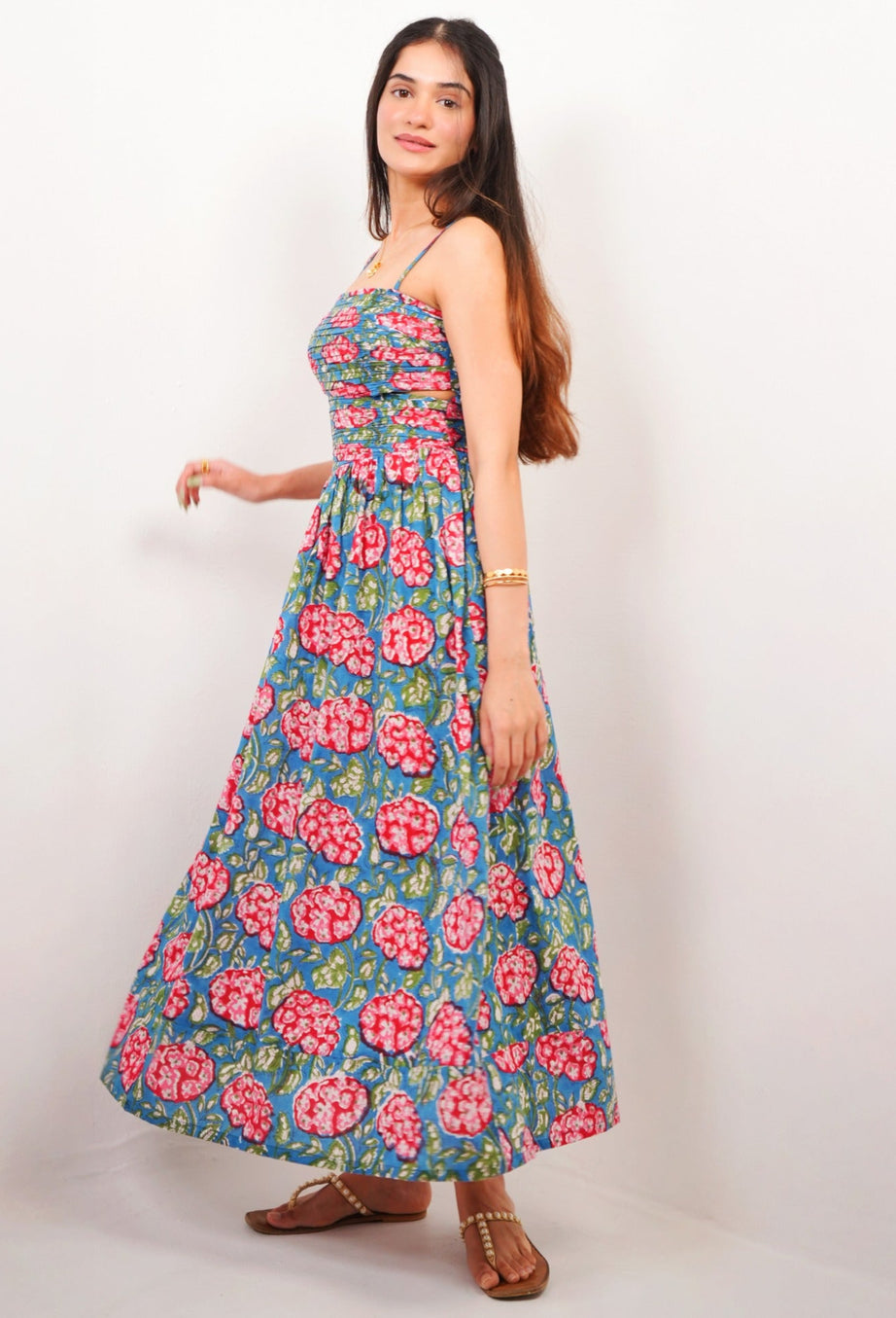 Blue & Red Floral Statement Cut-Out Maxi Dress