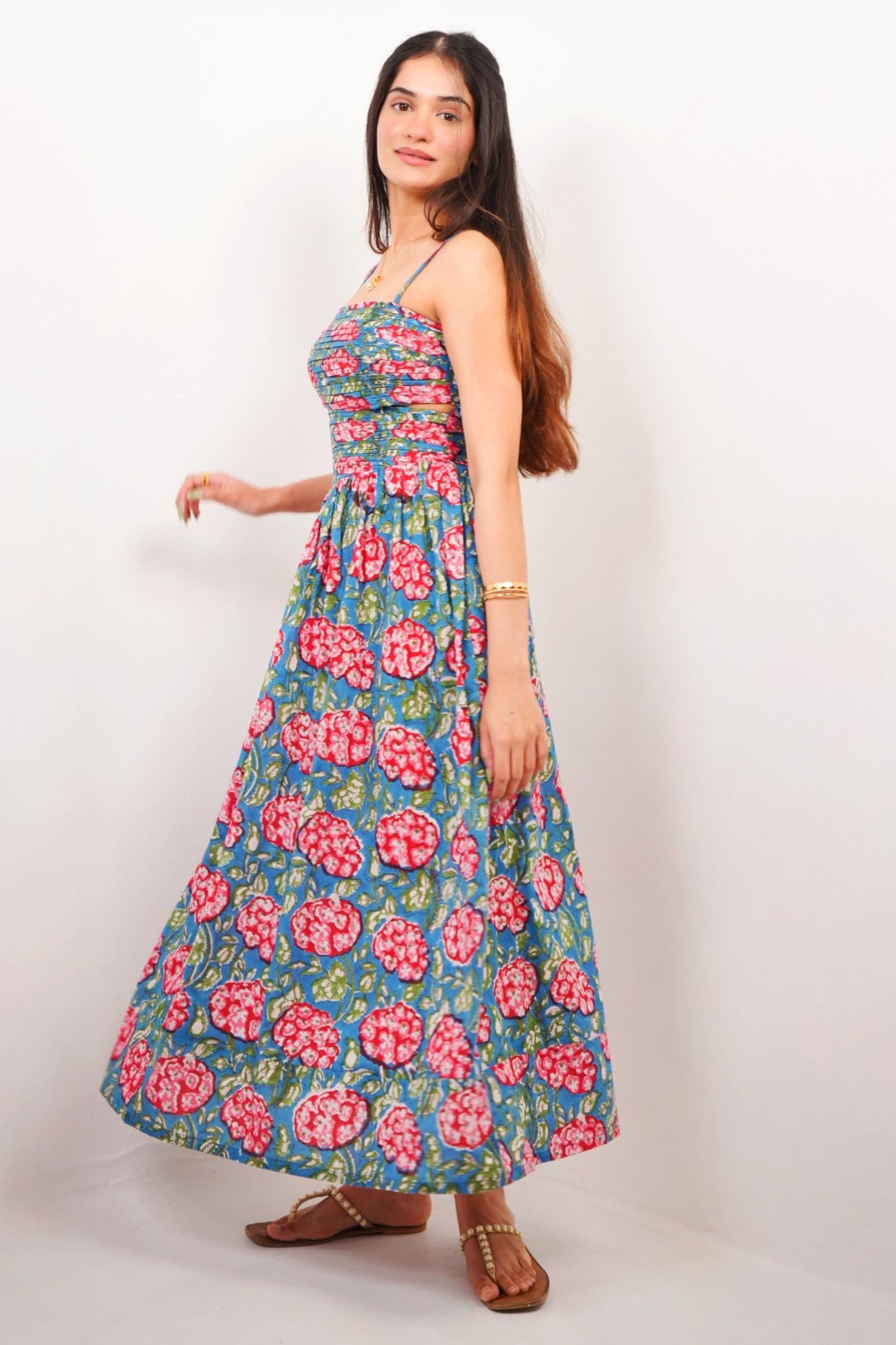 Blue & Red Floral Statement Cut-Out Maxi Dress