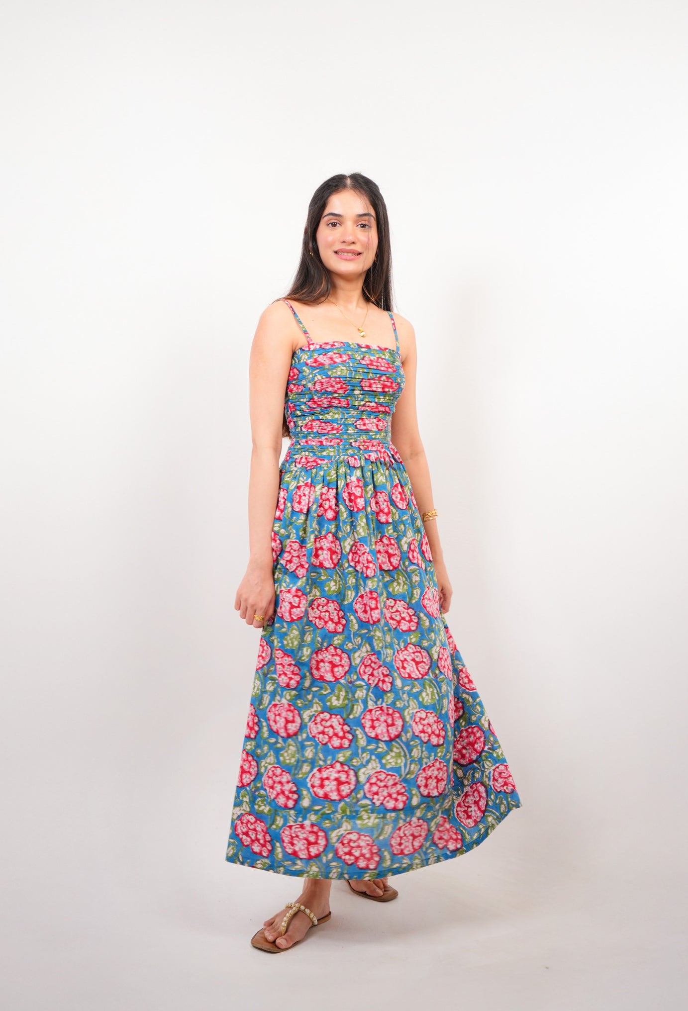 Blue & Red Floral Statement Cut-Out Maxi Dress