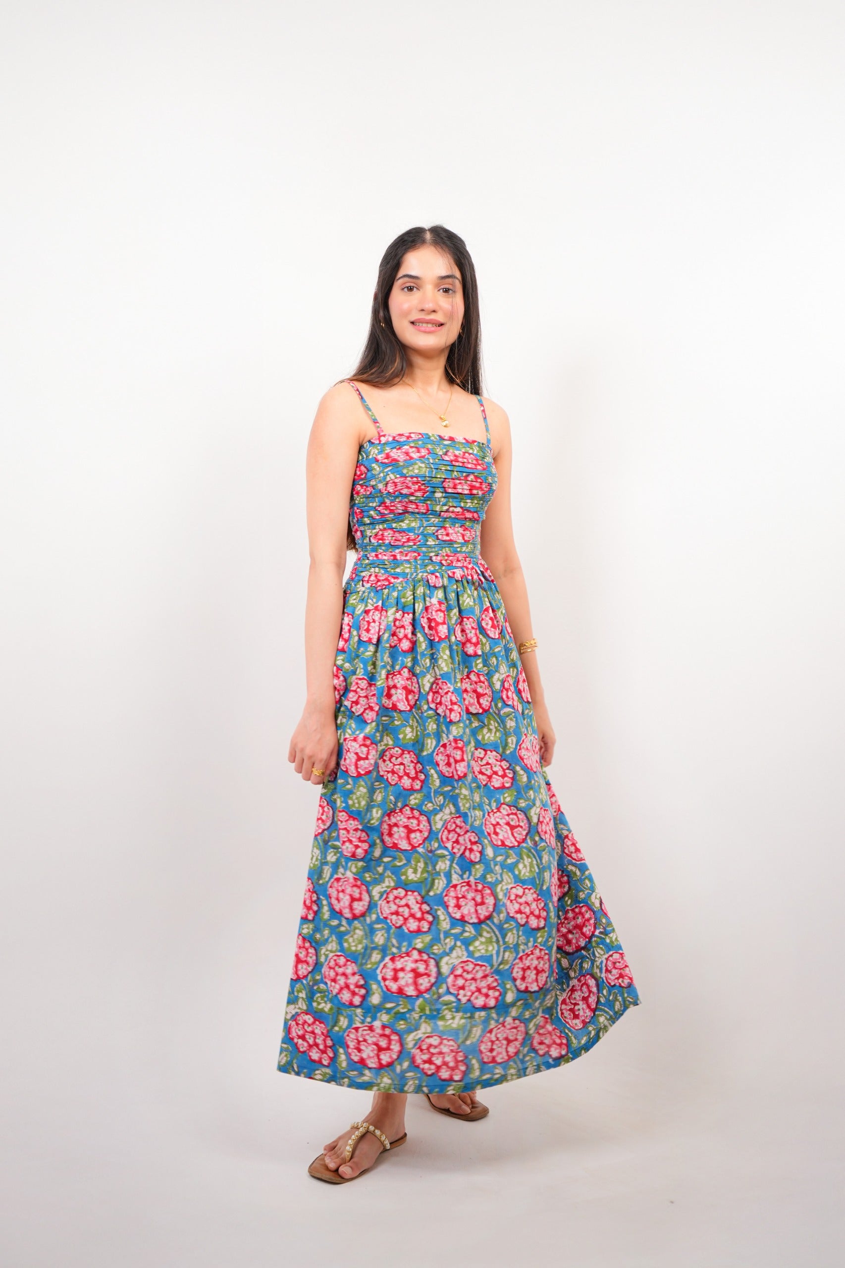 Blue & Red Floral Statement Cut-Out Maxi Dress