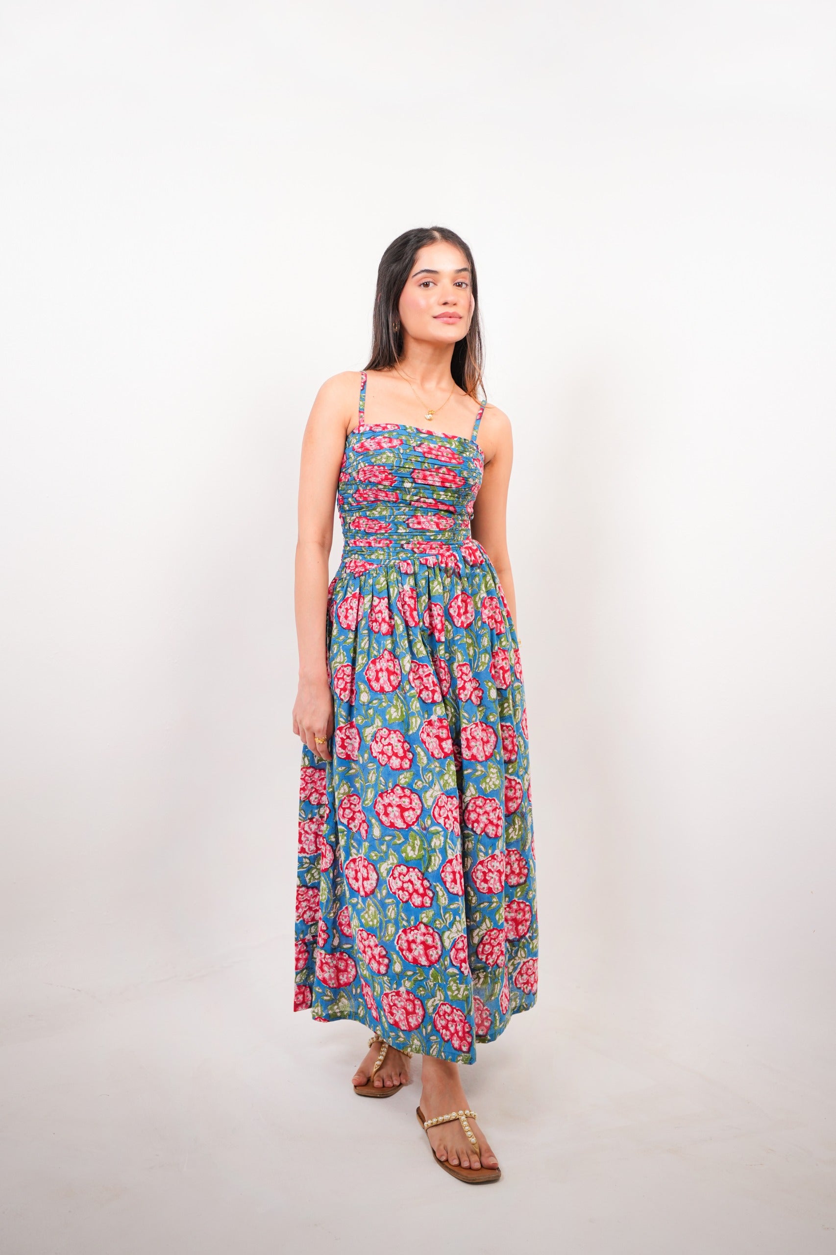 Blue & Red Floral Statement Cut-Out Maxi Dress