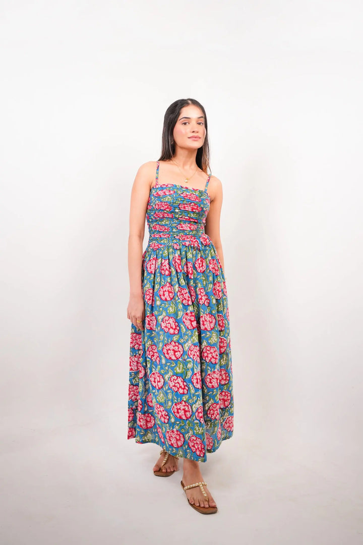 Blue & Red Floral Statement Cut-Out Maxi Dress with Adjustable straps Spring Summer - 25