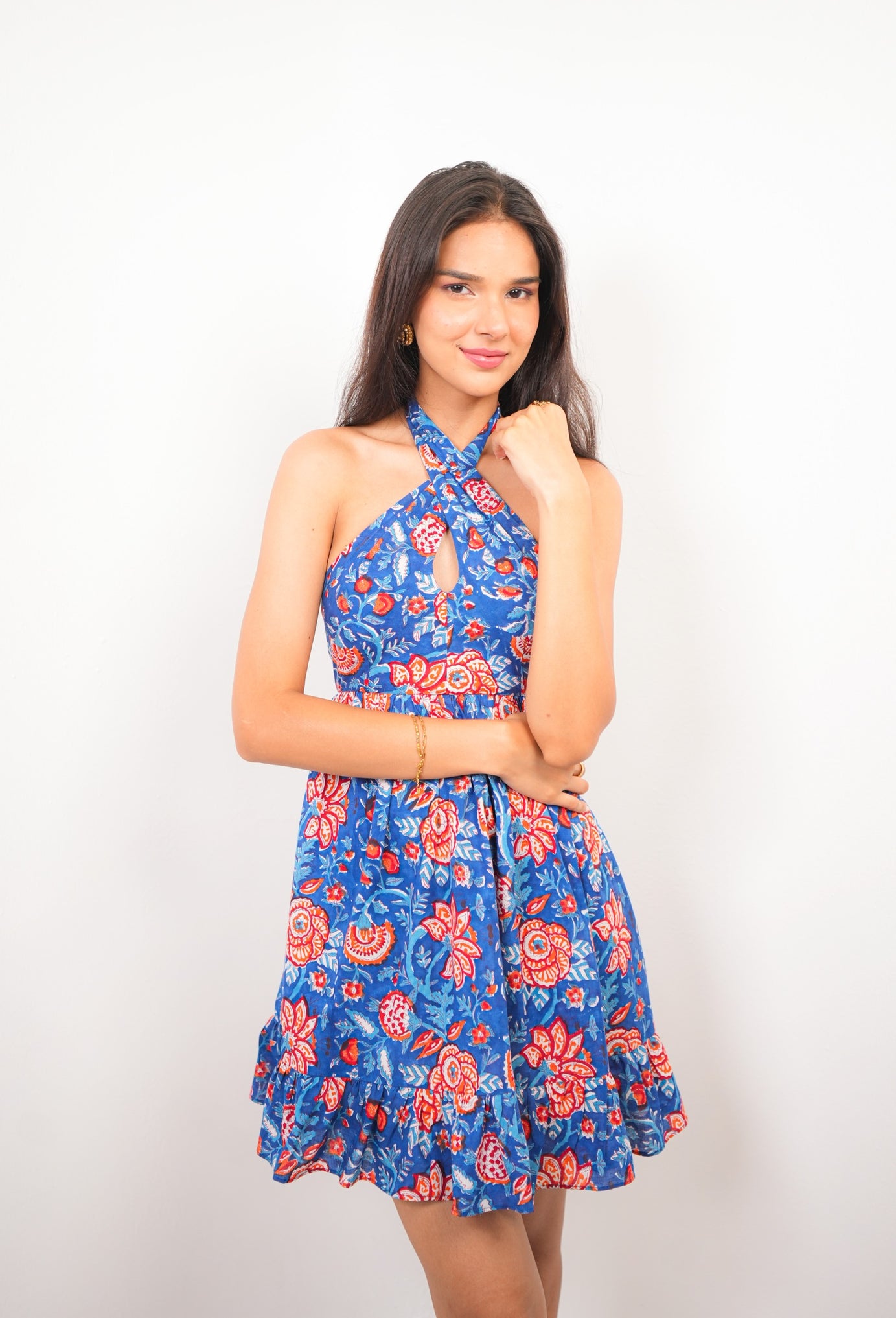 Halter Neck Dark Blue Floral Short Dress with Back Bow Tie & Frill