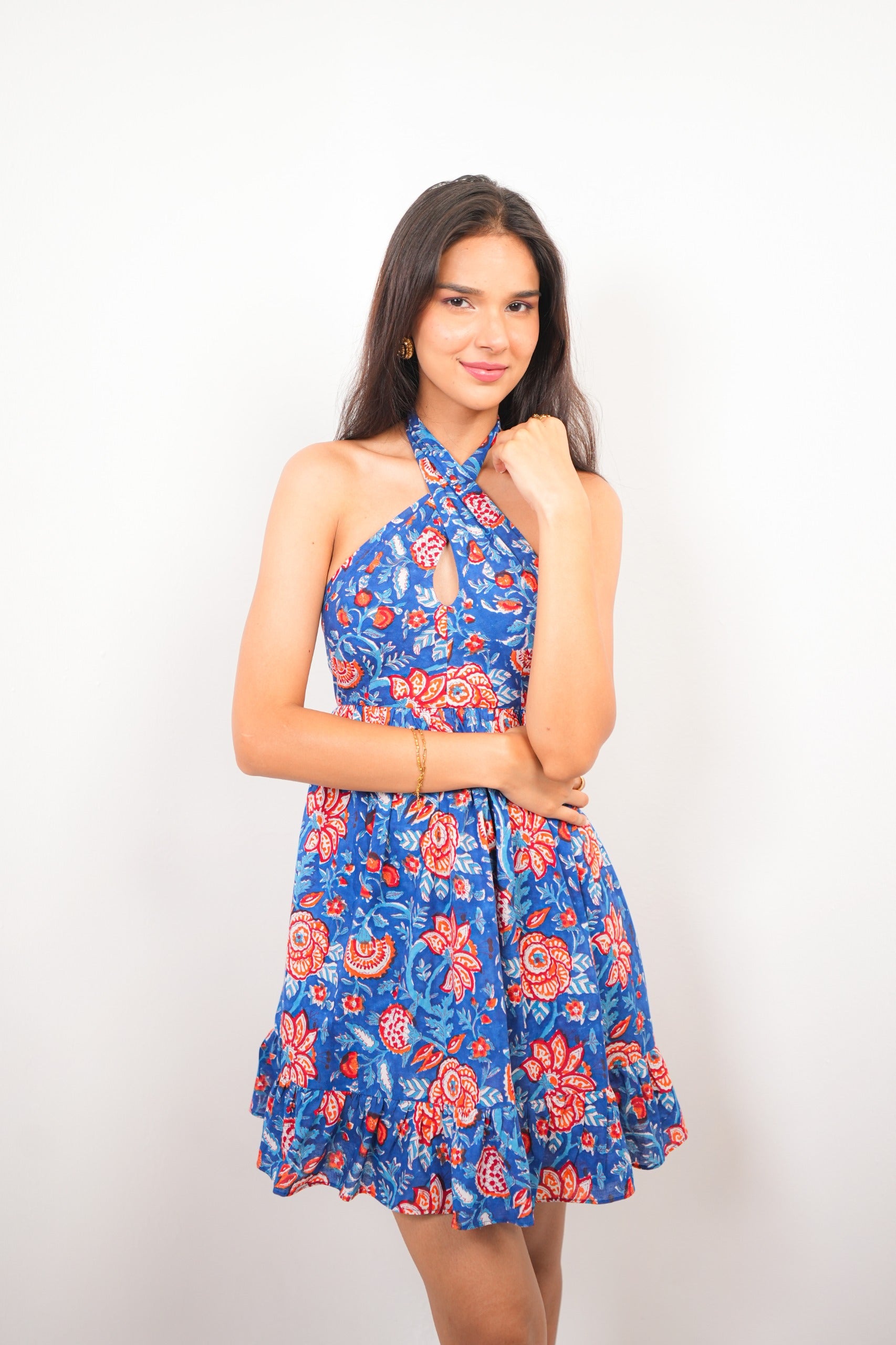 Halter Neck Dark Blue Floral Short Dress with Back Bow Tie & Frill