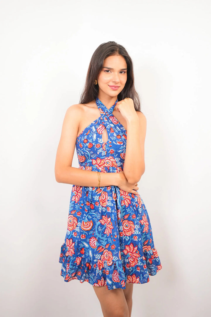 Halter Neck Dark Blue Floral Short Dress with Back Bow Tie & Frill Spring Summer - 25