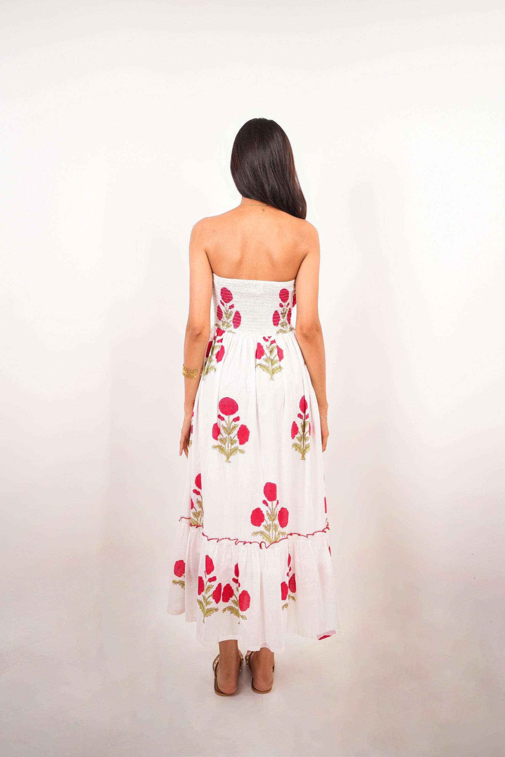 White & Red Floral Hand Block Printed Tube Dress