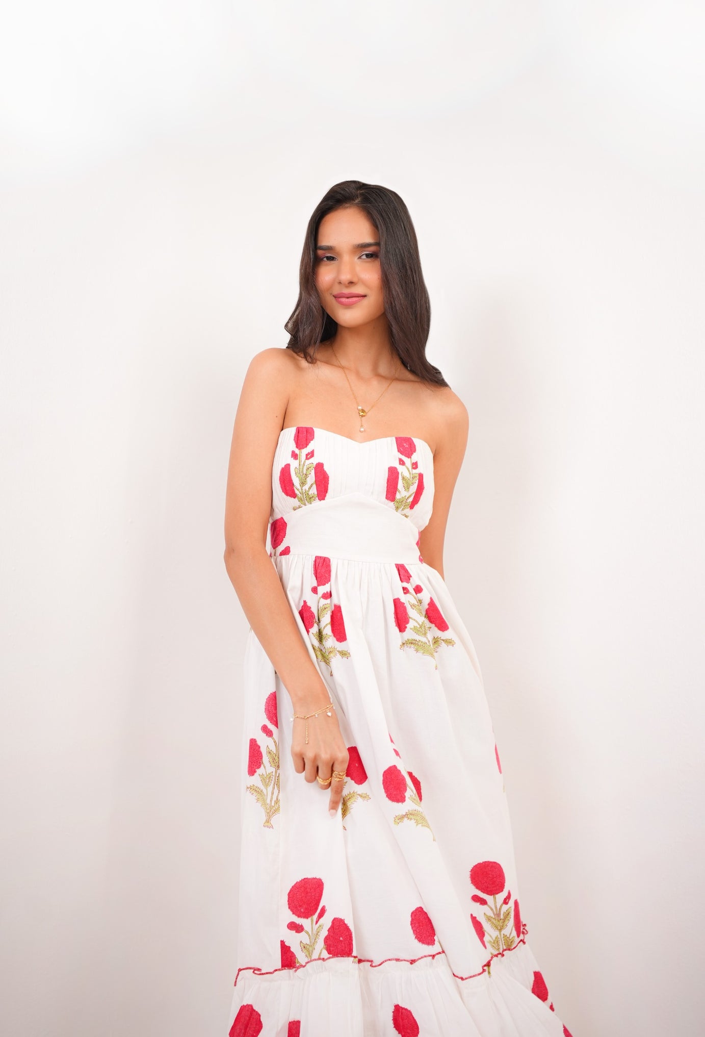 White & Red Floral Hand Block Printed Tube Dress