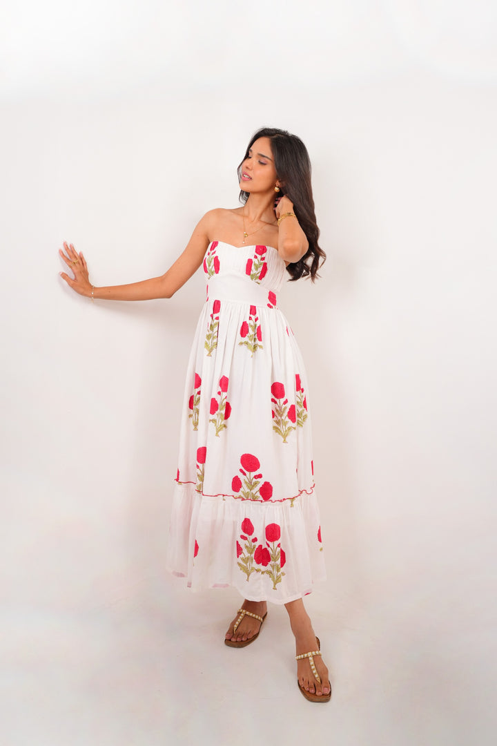 White & Red Floral Hand Block Printed Tube Dress Spring Summer - 25