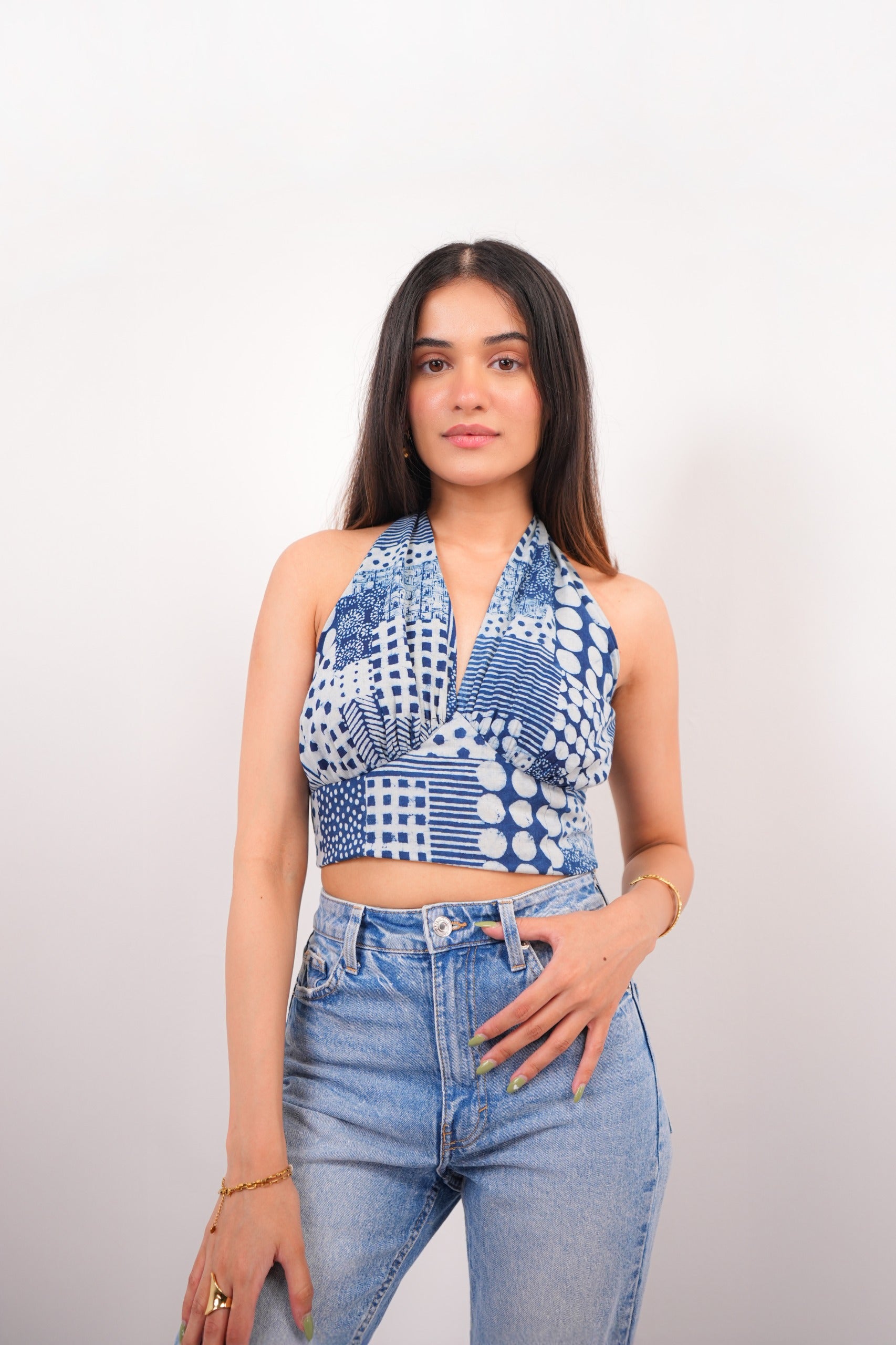 Indigo Print Halter Neck Tie Top