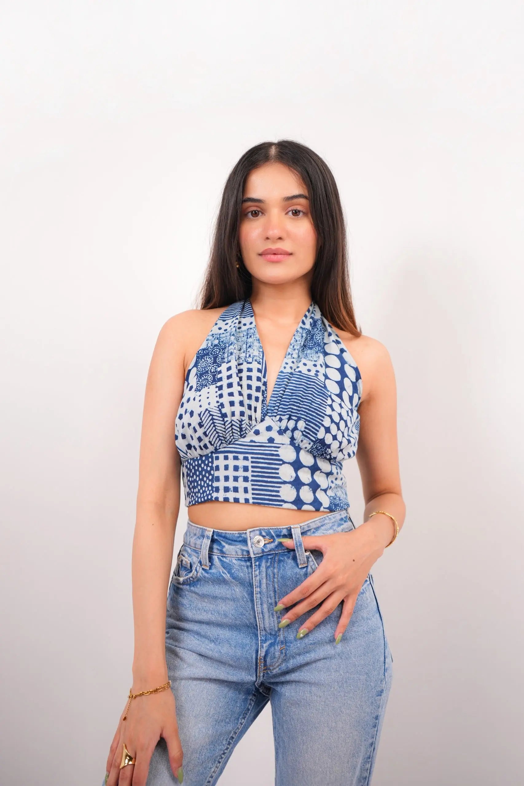 Indigo Blue Print Halter Neck Tie Top Spring Summer - 25