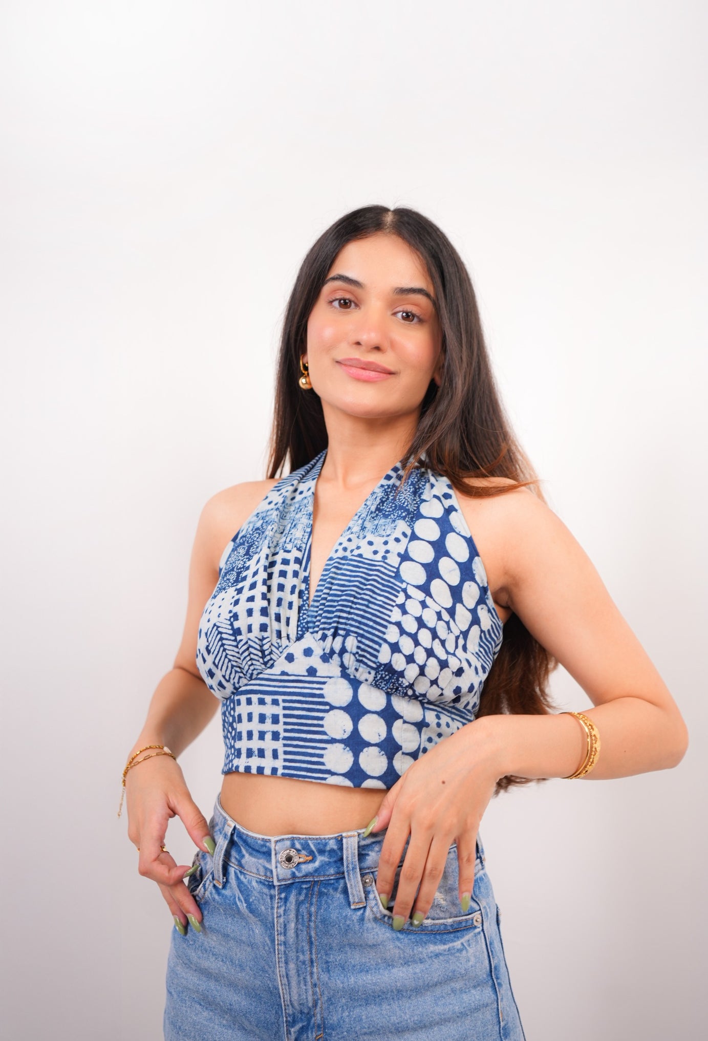 Indigo Print Halter Neck Tie Top