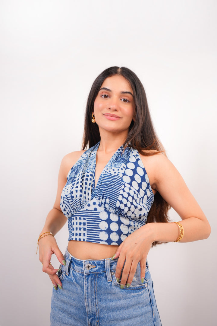 Indigo Print Halter Neck Tie Top Spring Summer - 25