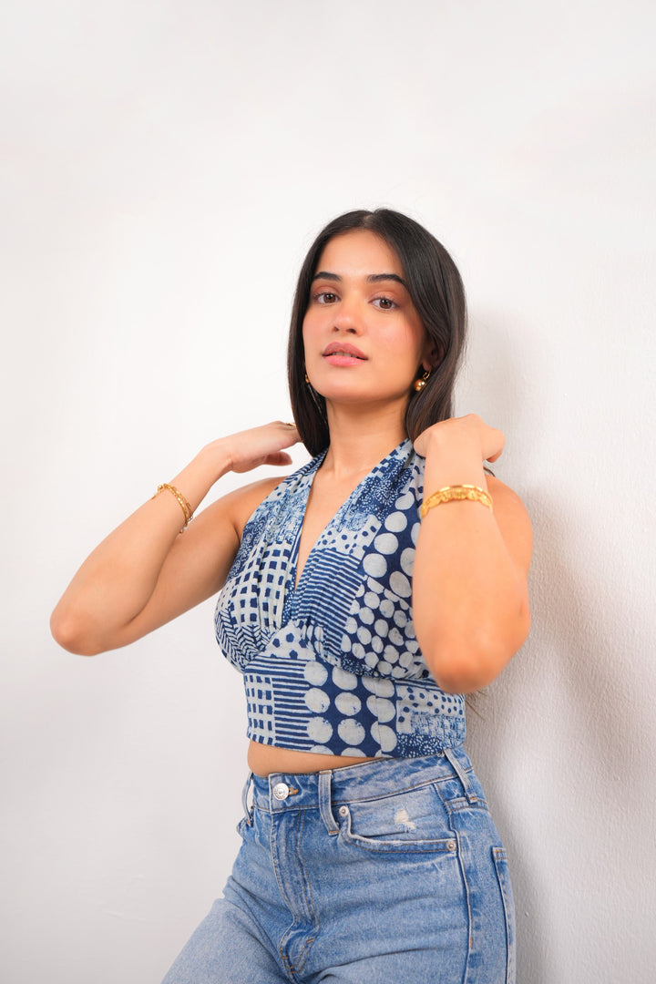 Indigo Print Halter Neck Tie Top Spring Summer - 25