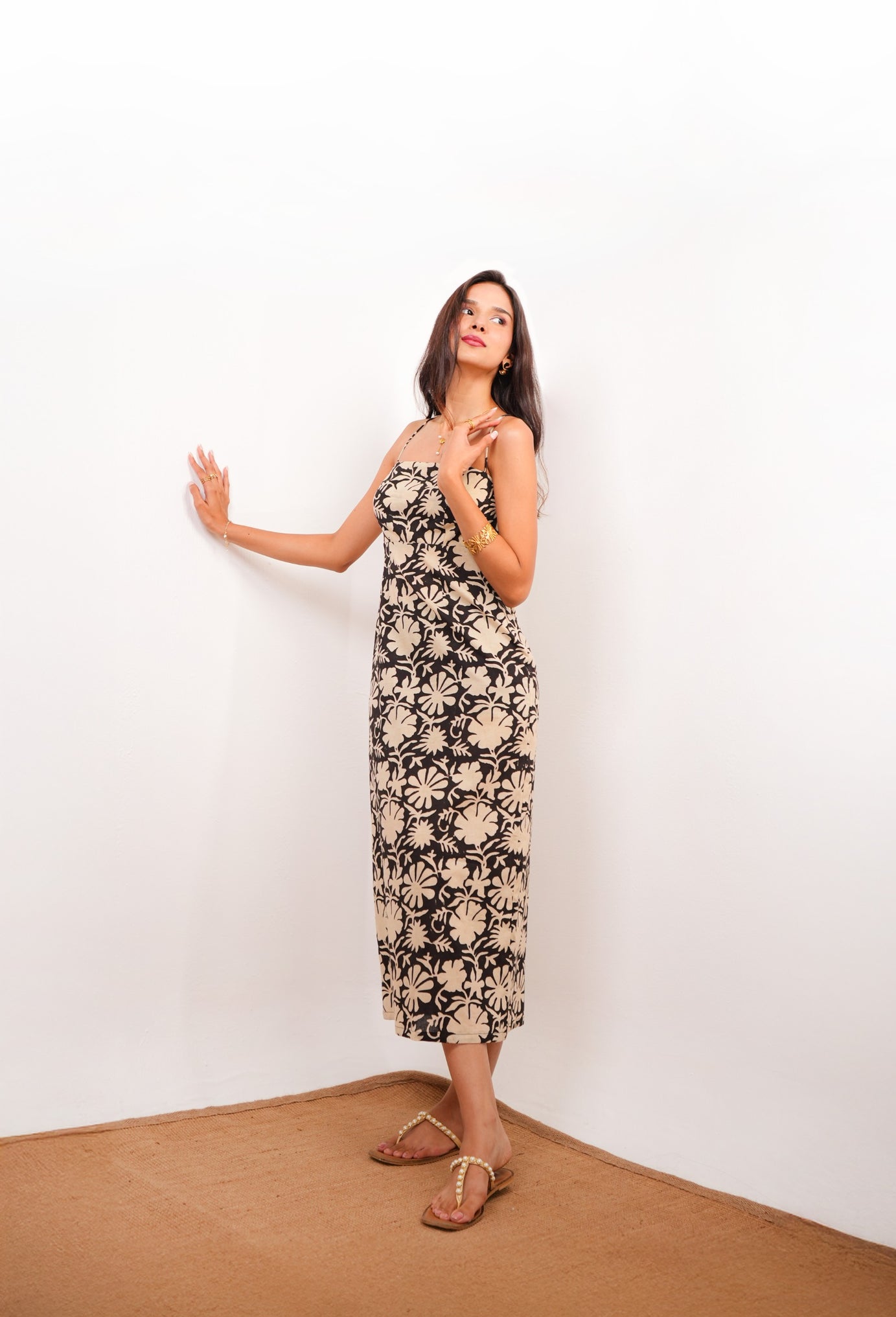 Spaghetti Strap Black Floral Maxi Dress with Back Slit