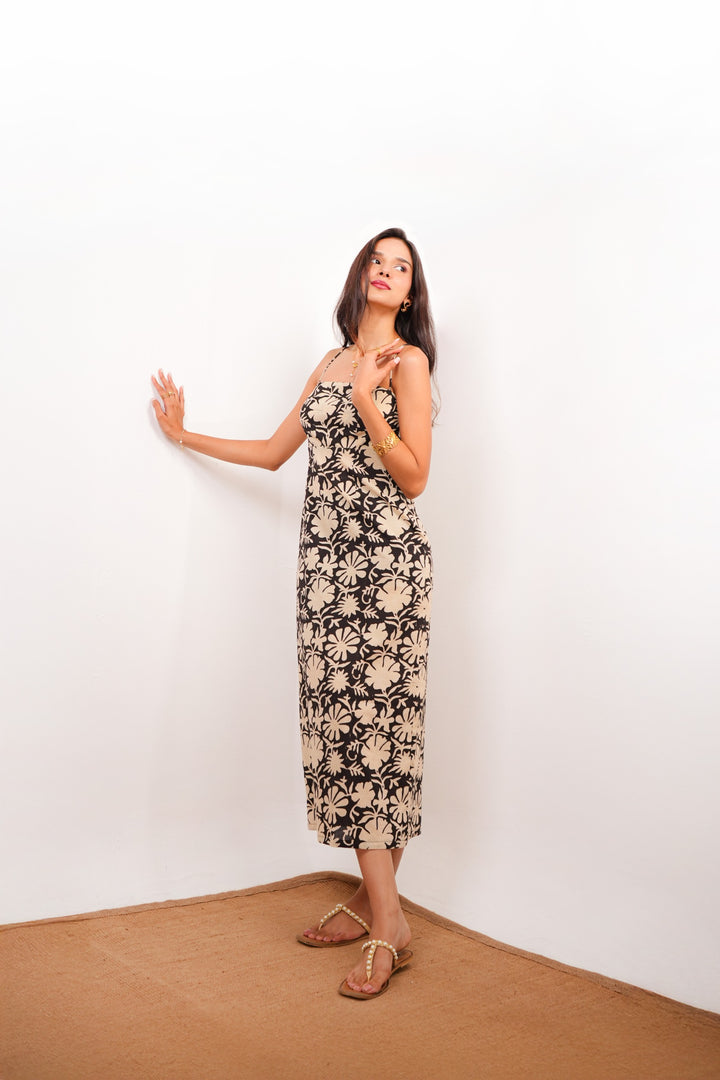 Spaghetti Strap Black Floral Maxi Dress with Back Slit Spring Summer - 25