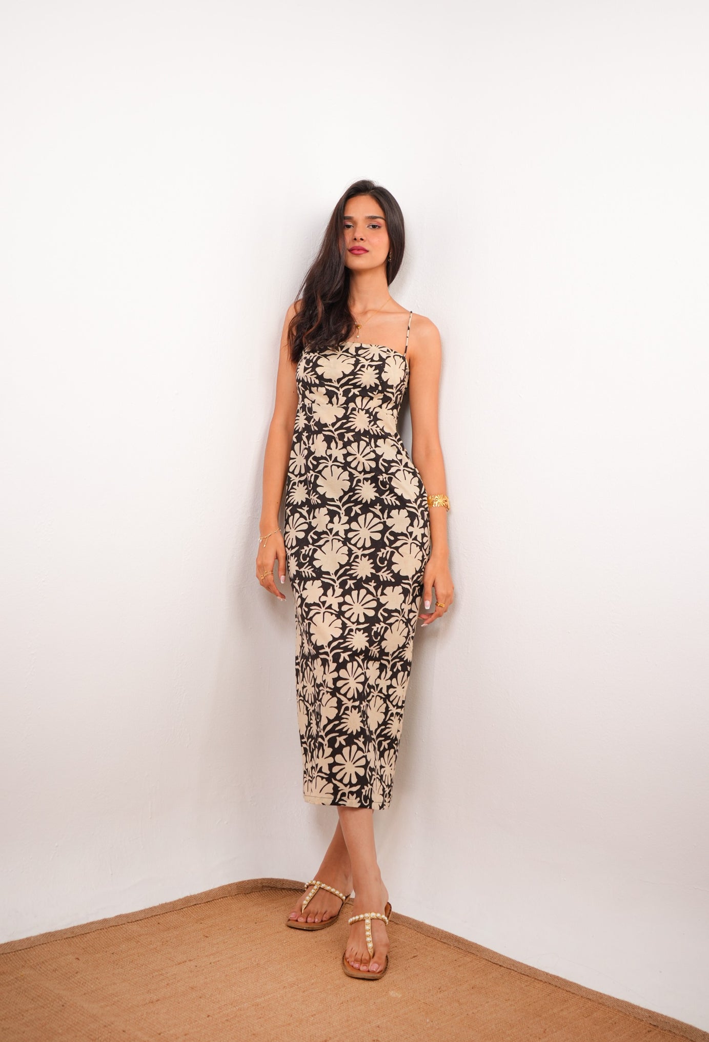 Spaghetti Strap Black Floral Maxi Dress with Back Slit