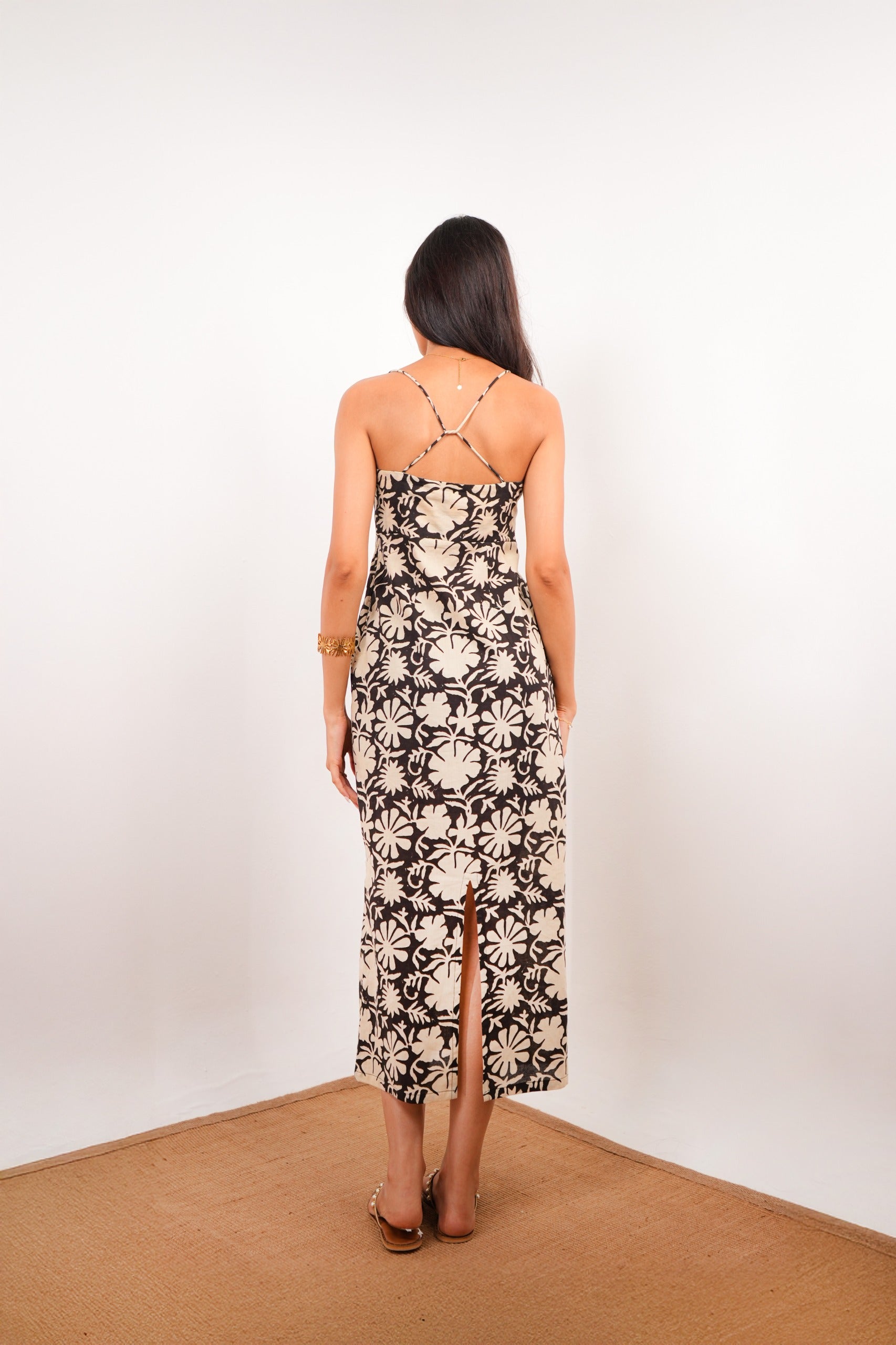 Spaghetti Strap Black Floral Maxi Dress with Back Slit