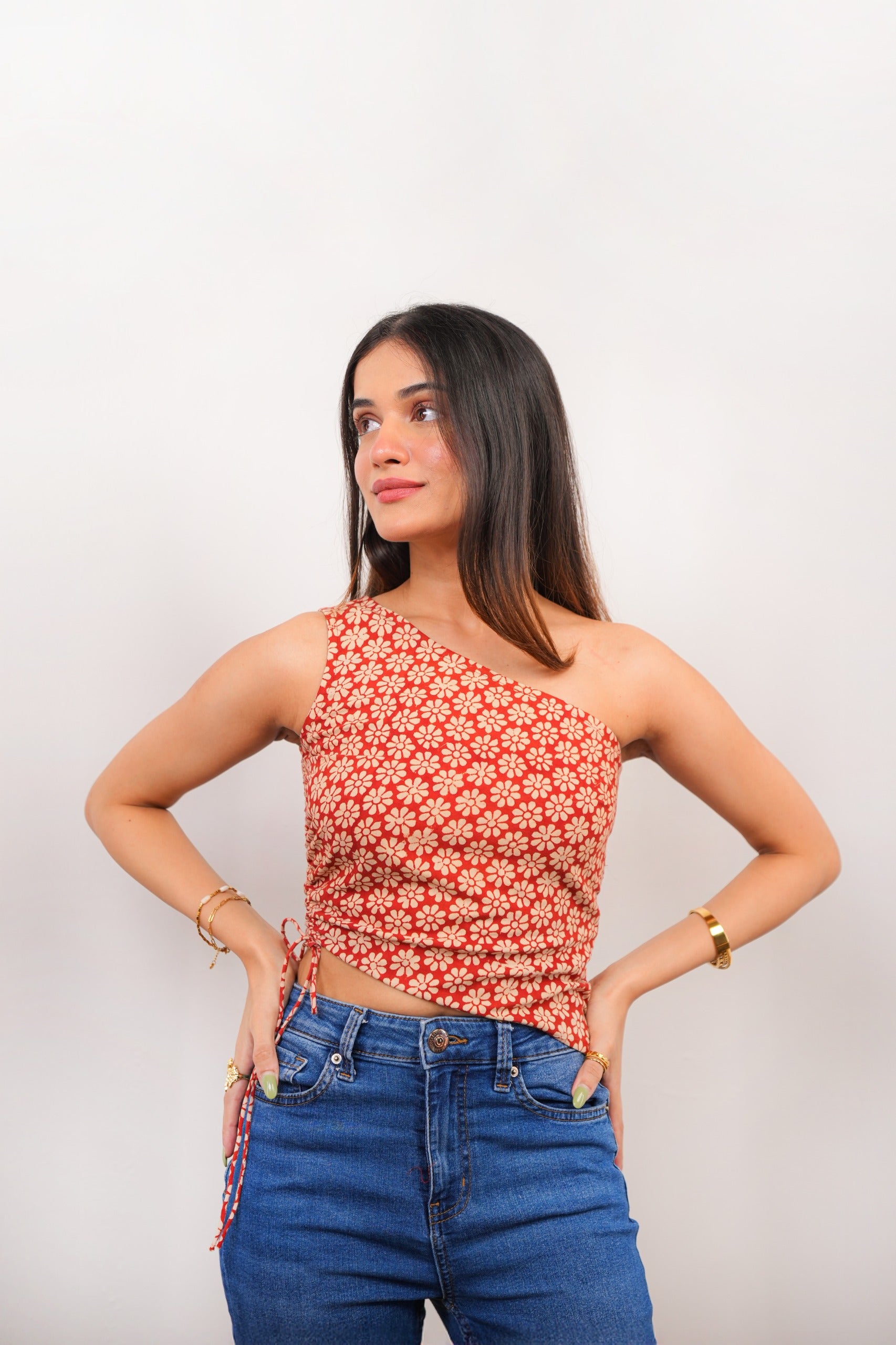 Maroon Bloom One-Shoulder Floral Printed Top