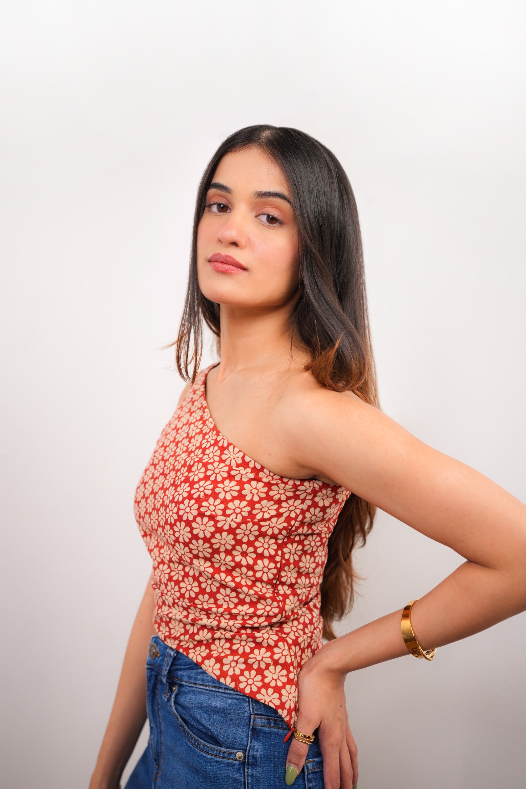 Maroon Bloom One-Shoulder Floral Printed Top