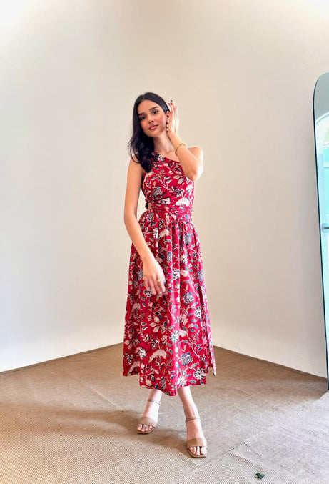Red & Navy Floral One-Shoulder Dress