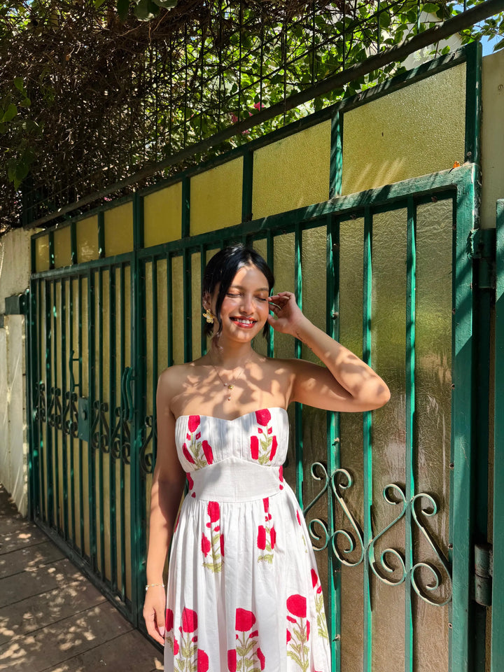 White & Red Floral Hand Block Printed Tube Maxi Dress Spring Summer - 25