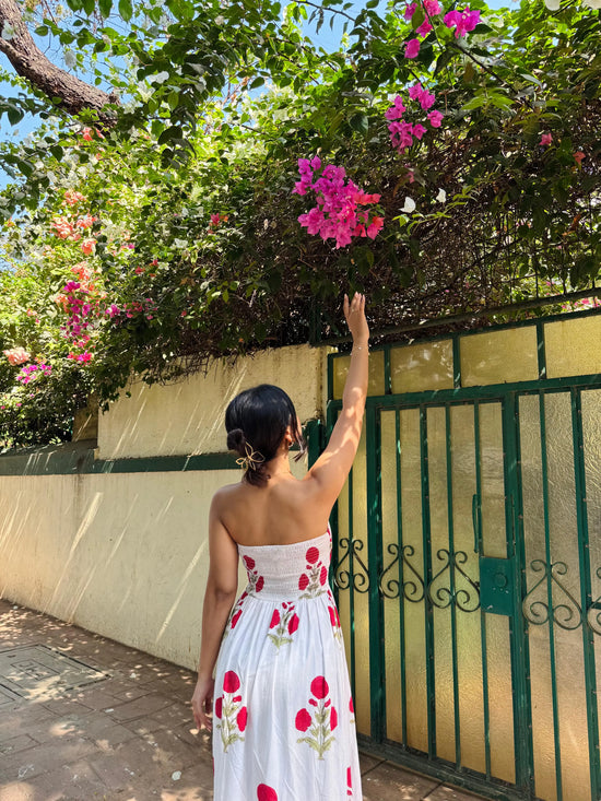 White & Red Floral Hand Block Printed Tube Maxi Dress Spring Summer - 25
