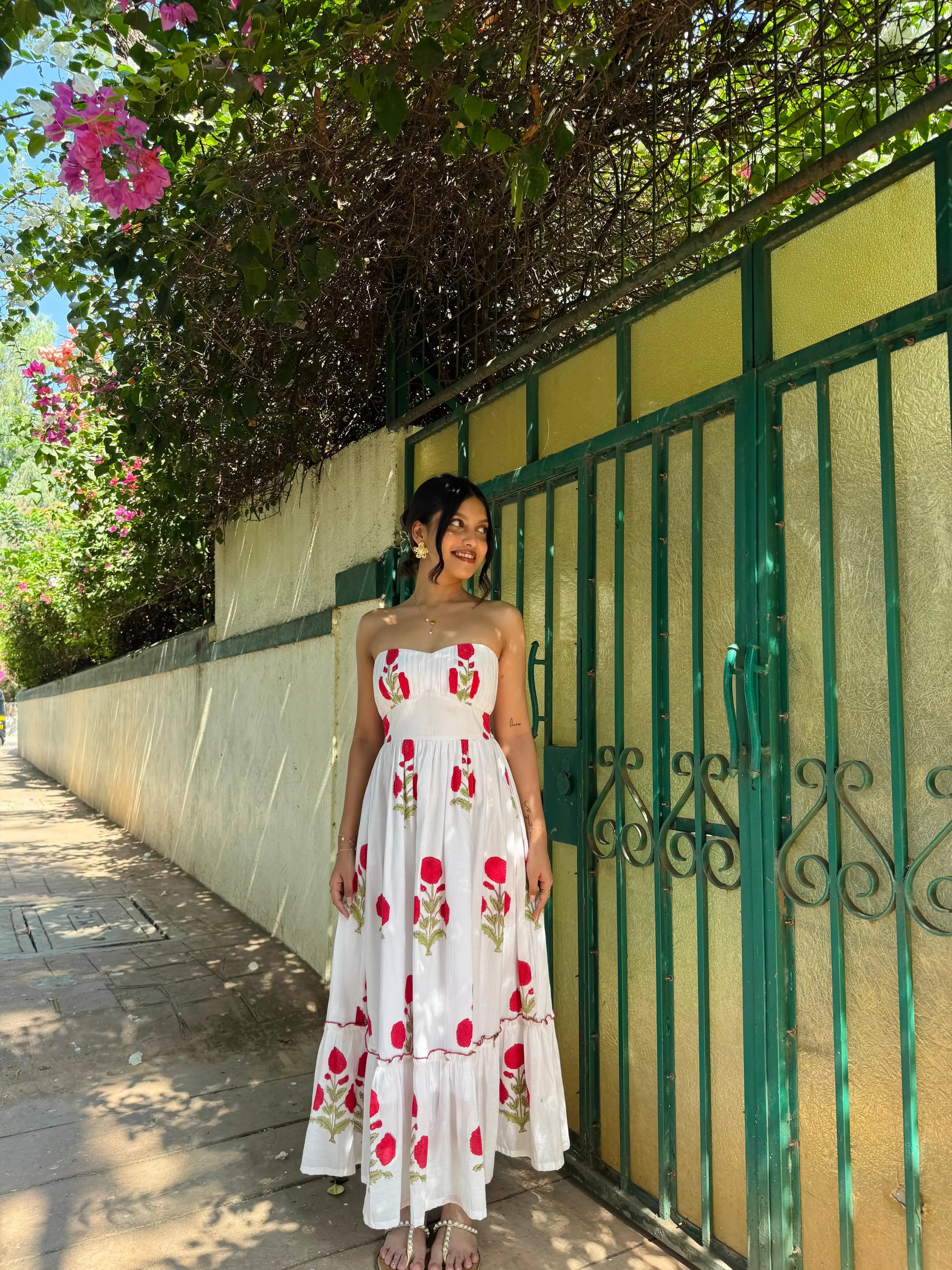 White & Red Floral Hand Block Printed Tube Maxi Dress Spring Summer - 25