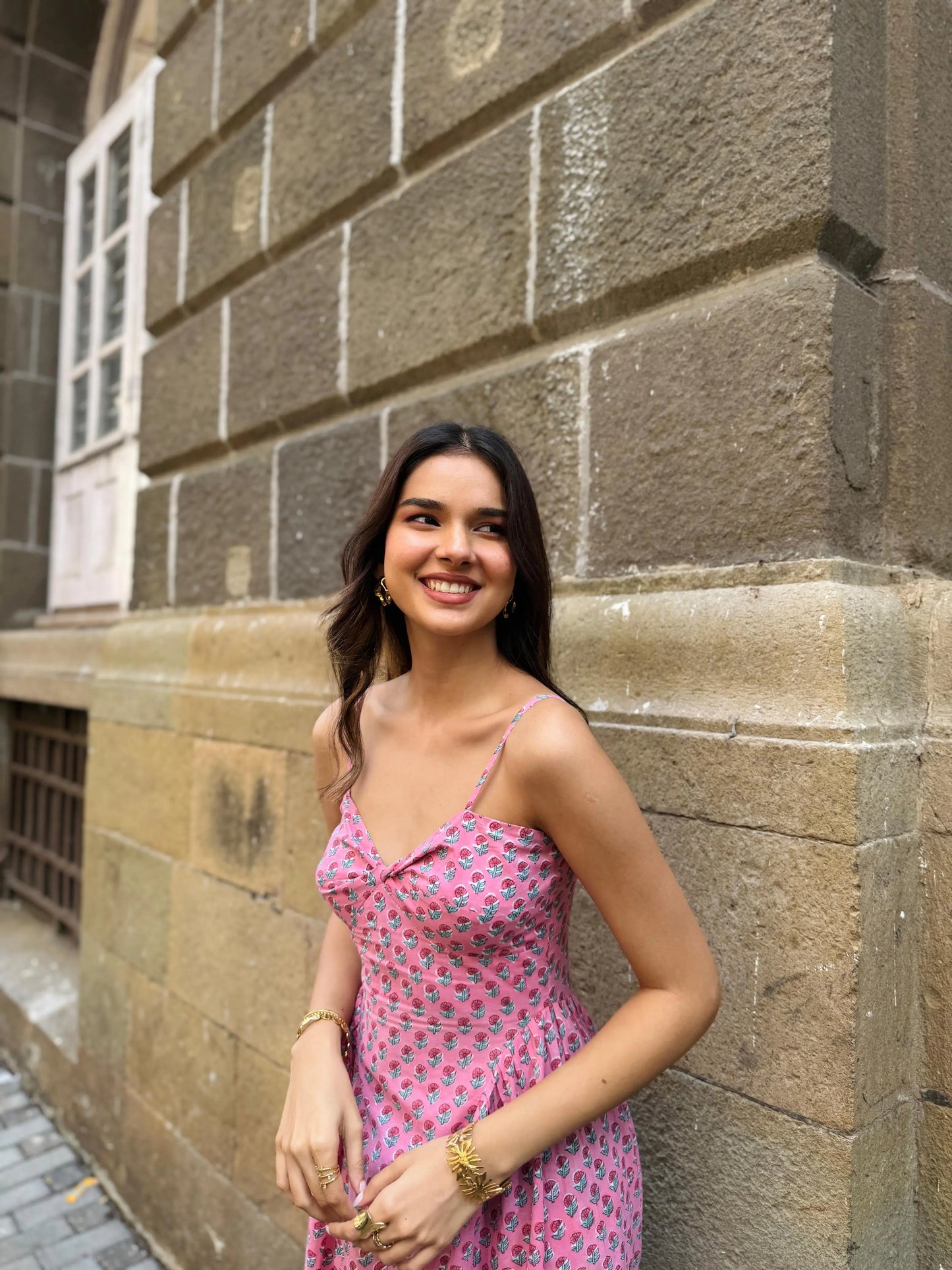 Pink Floral Side-Gathered Maxi Dress with Adjustable Straps Beat the October Heat