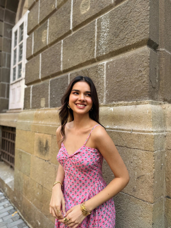 Pink Floral Side-Gathered Maxi Dress with Adjustable Straps Beat the October Heat