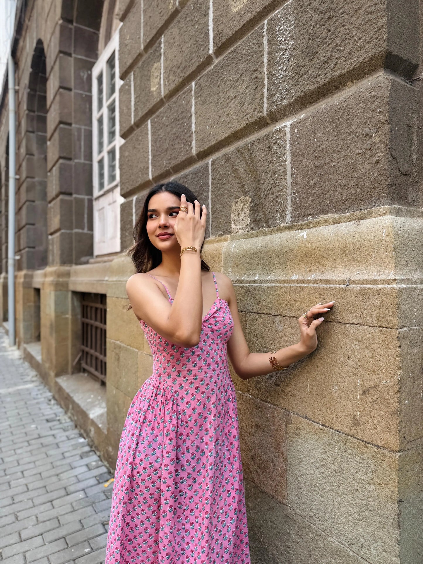 Pink Floral Side-Gathered Maxi Dress with Adjustable Straps Beat the October Heat