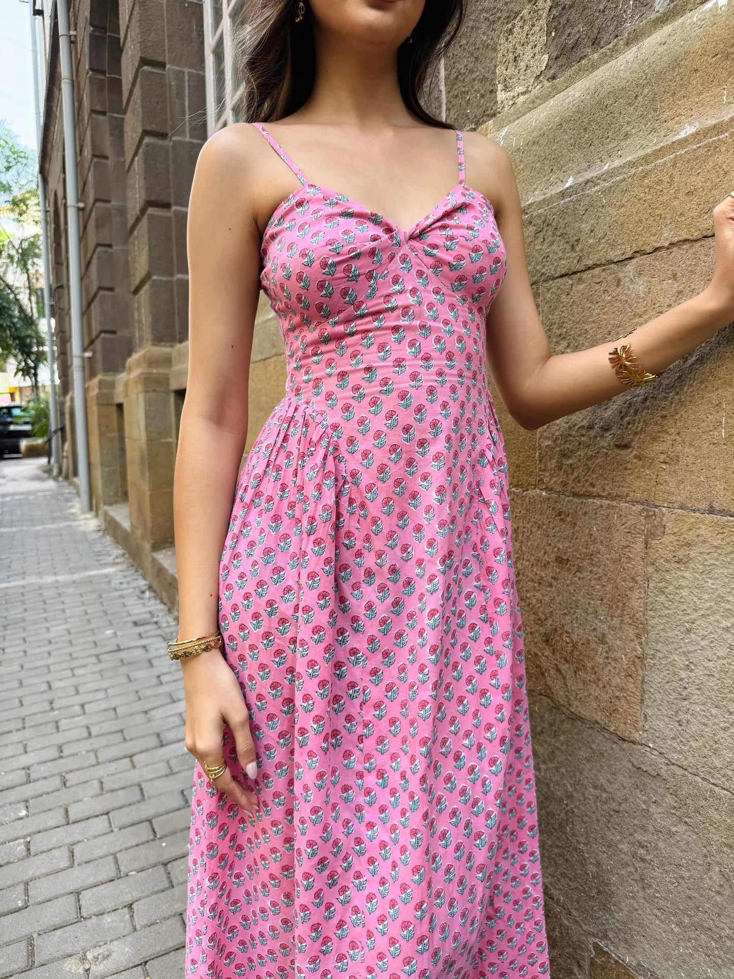 Pink Floral Side-Gathered Maxi Dress with Adjustable Straps Beat the October Heat