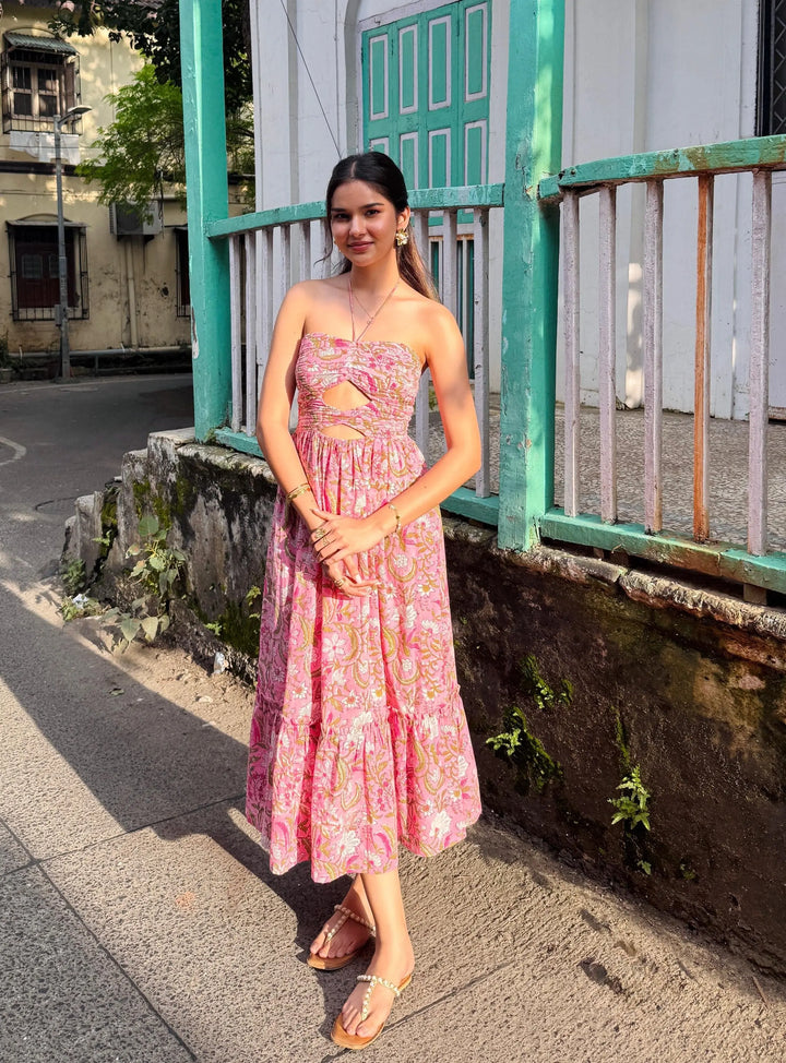 Pink and Green Floral Printed Maxi Dress with Front Cut-Outs Beat the October Heat