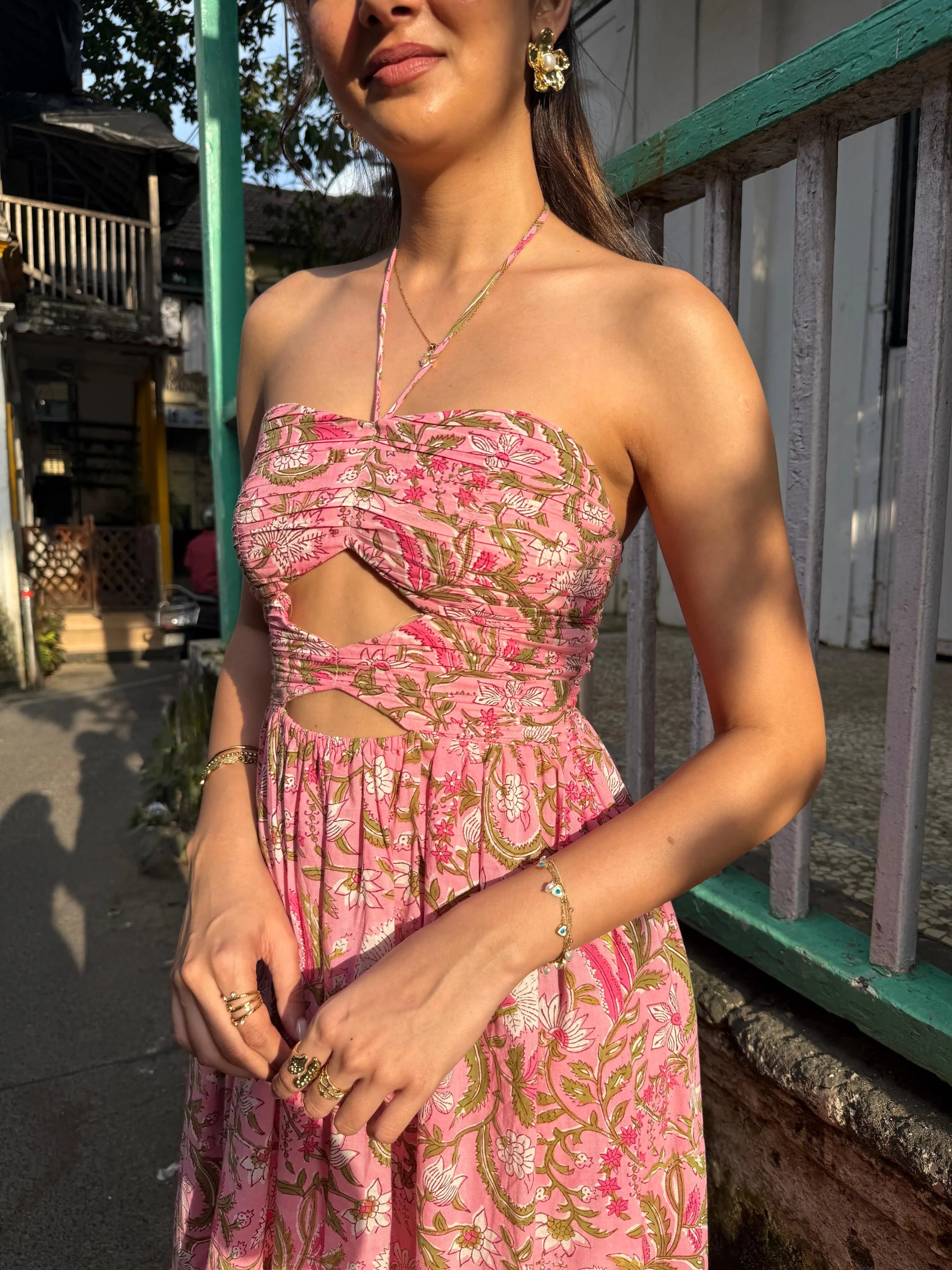 Pink and Green Floral Printed Maxi Dress with Front Cut-Outs Beat the October Heat