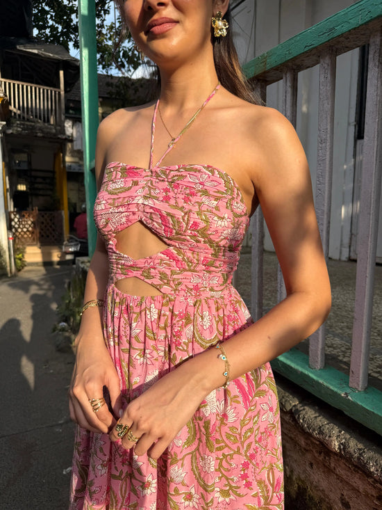 Pink and Green Floral Printed Maxi Dress with Front Cut-Outs Beat the October Heat